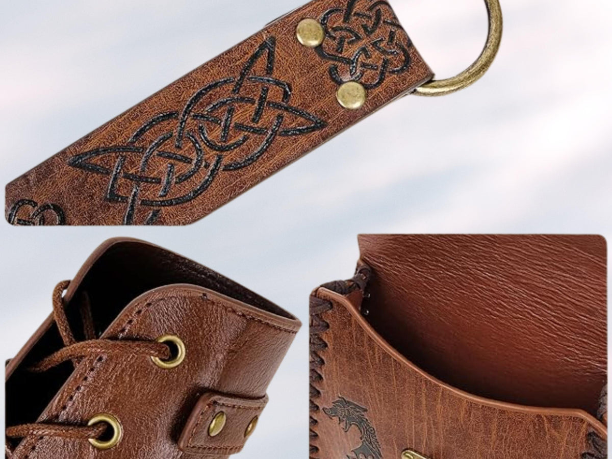 Viking Costume & LARP - Medieval Leather Bracer, Belt and Pouch for Halloween Cosplay, Viking