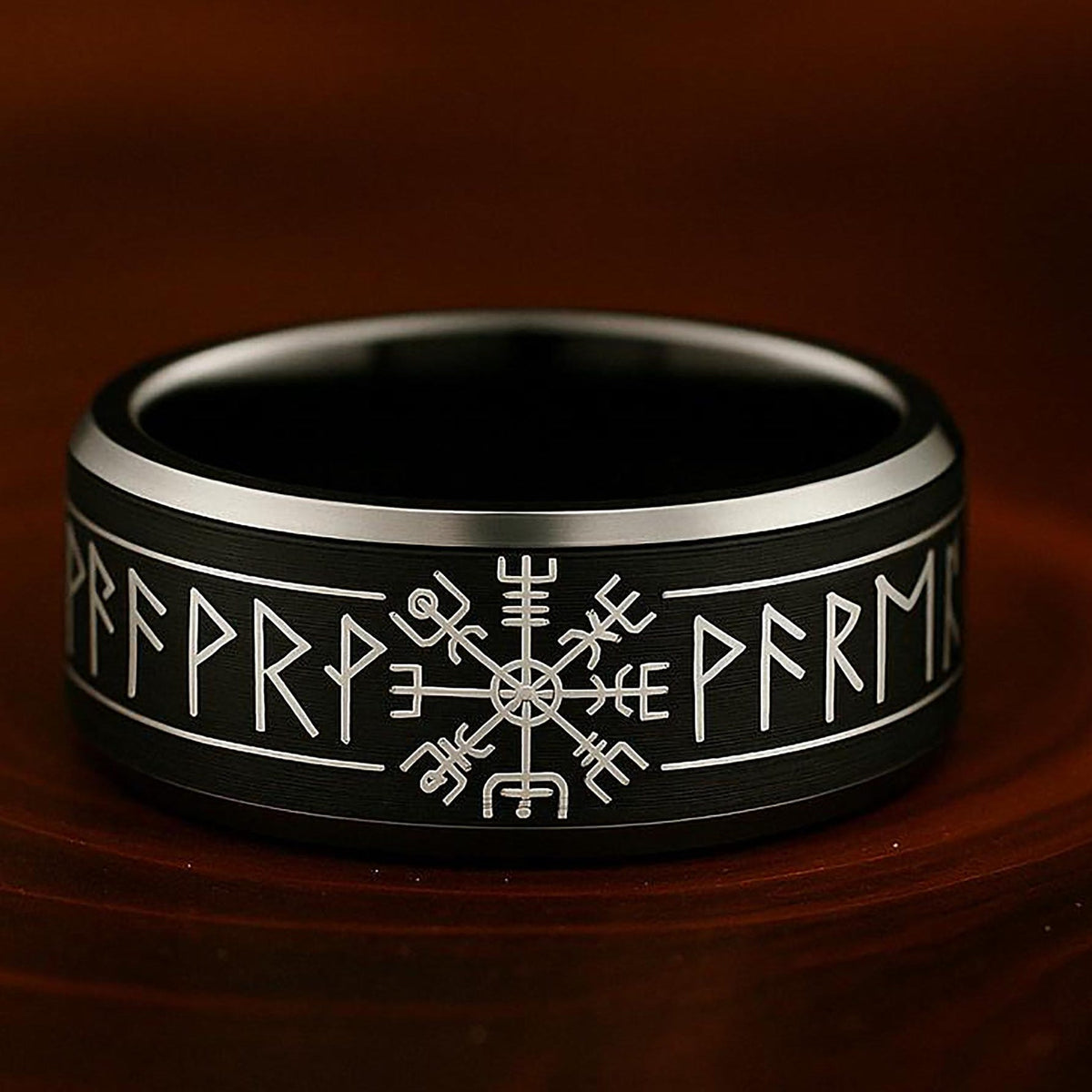Viking Odin Ring - Sterling Viking Wolf with Runes Ring, Mens Wide Norse Wedding Ring, Braided Odin