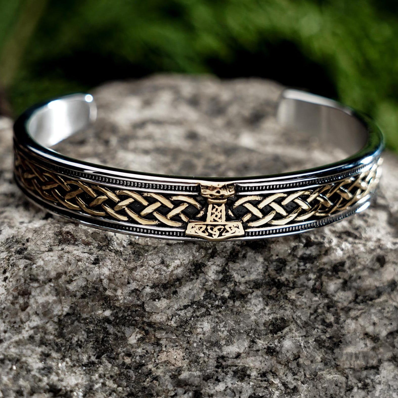 Viking Thor's Hammer Bracelet - Oxidised Sterling Silver Men's Cuff Bangle, Viking Rune, Thor's