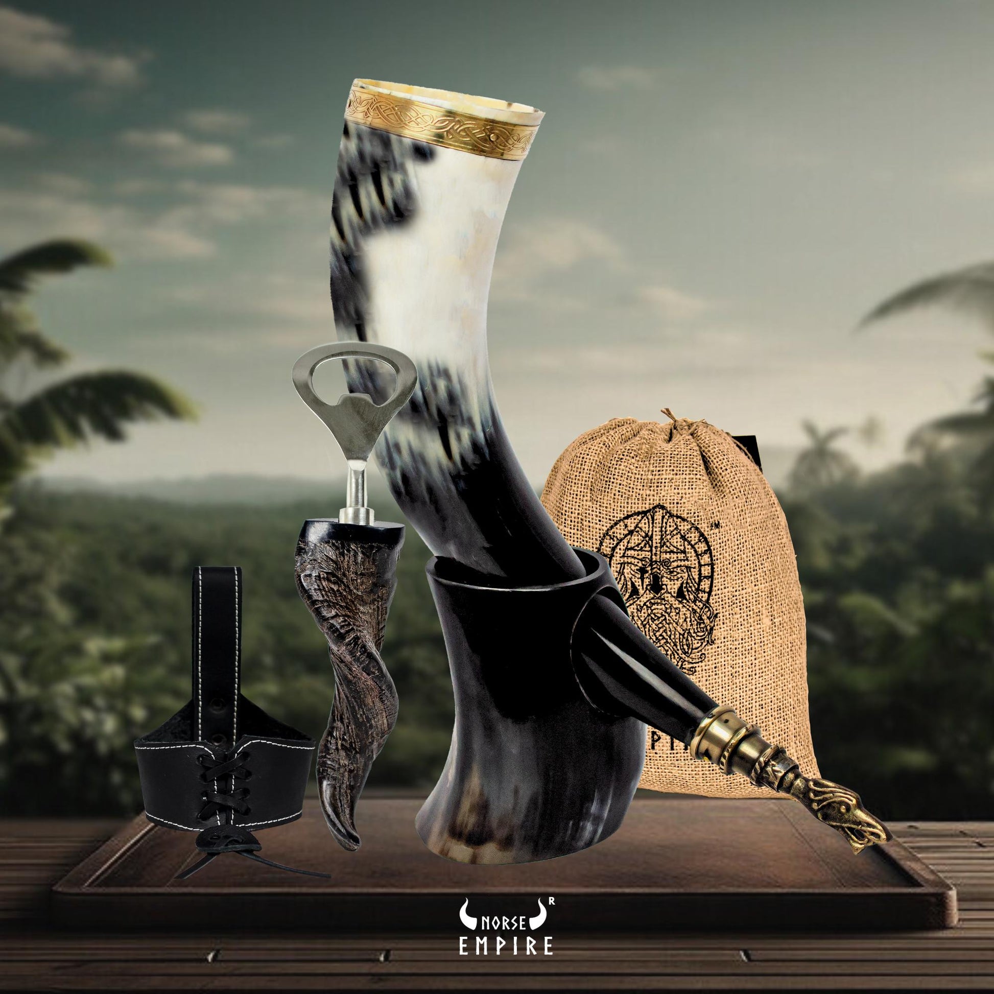 Viking Mug - SCA Viking Fireworks Print Drinking Horn w/ Leather Holster Fireworks Party Sparklers