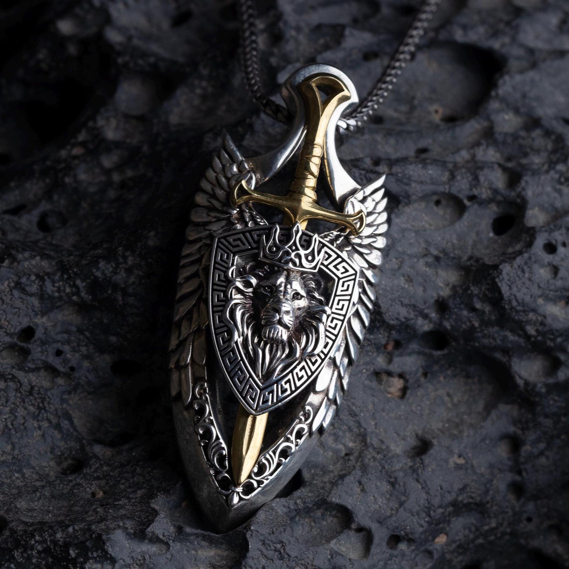 Viking Necklace - Sterling Silver Lion Head Pendant: Viking Sword Amulet
