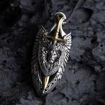 Viking Necklace - Sterling Silver Lion Head Pendant: Viking Sword Amulet