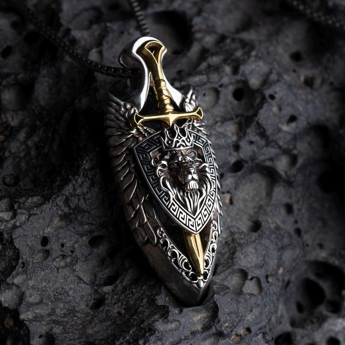 Viking Necklace - Sterling Silver Lion Head Pendant: Viking Sword Amulet