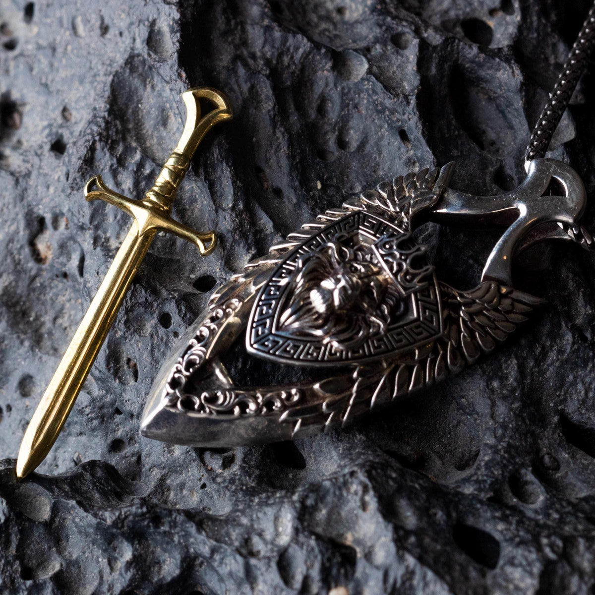 Viking Necklace - Sterling Silver Lion Head Pendant: Viking Sword Amulet