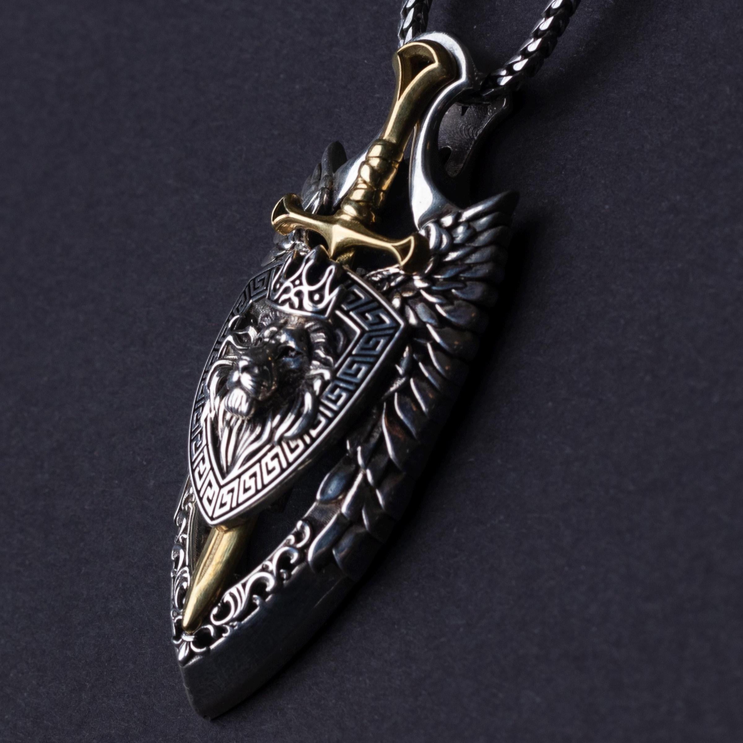 Viking Necklace - Sterling Silver Lion Head Pendant: Viking Sword Amulet