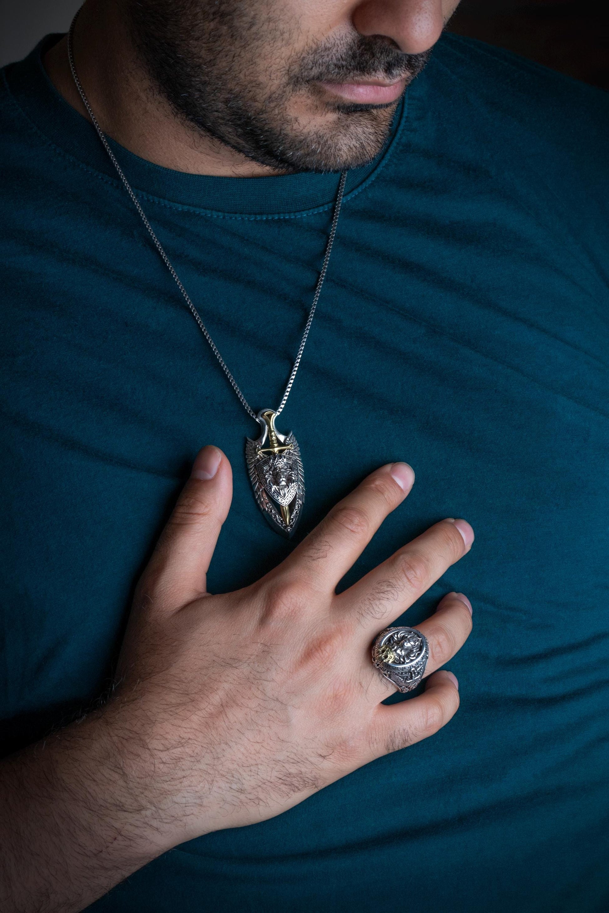 Viking Necklace - Sterling Silver Lion Head Pendant: Viking Sword Amulet