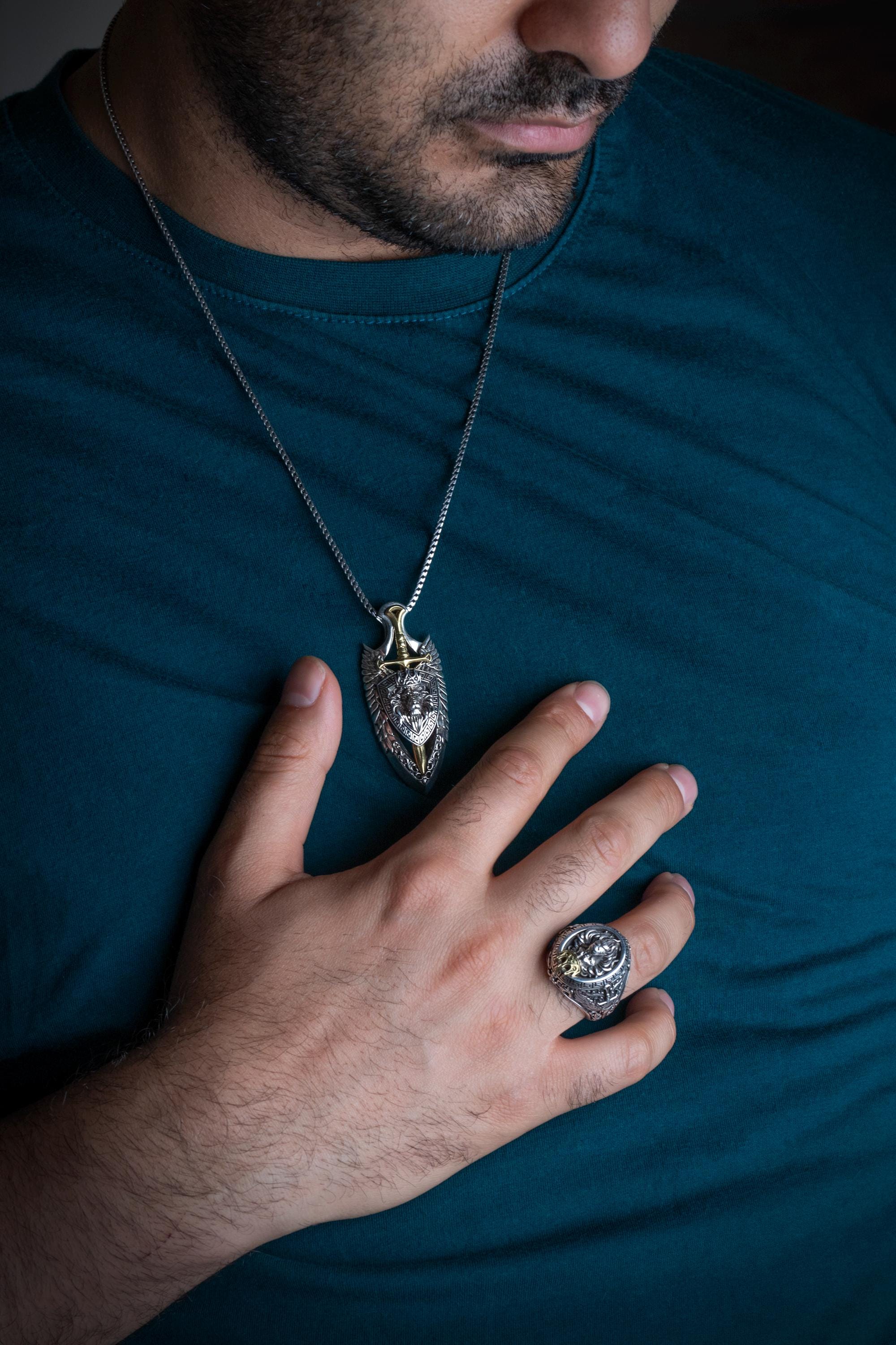 Viking Necklace - Sterling Silver Lion Head Pendant: Viking Sword Amulet