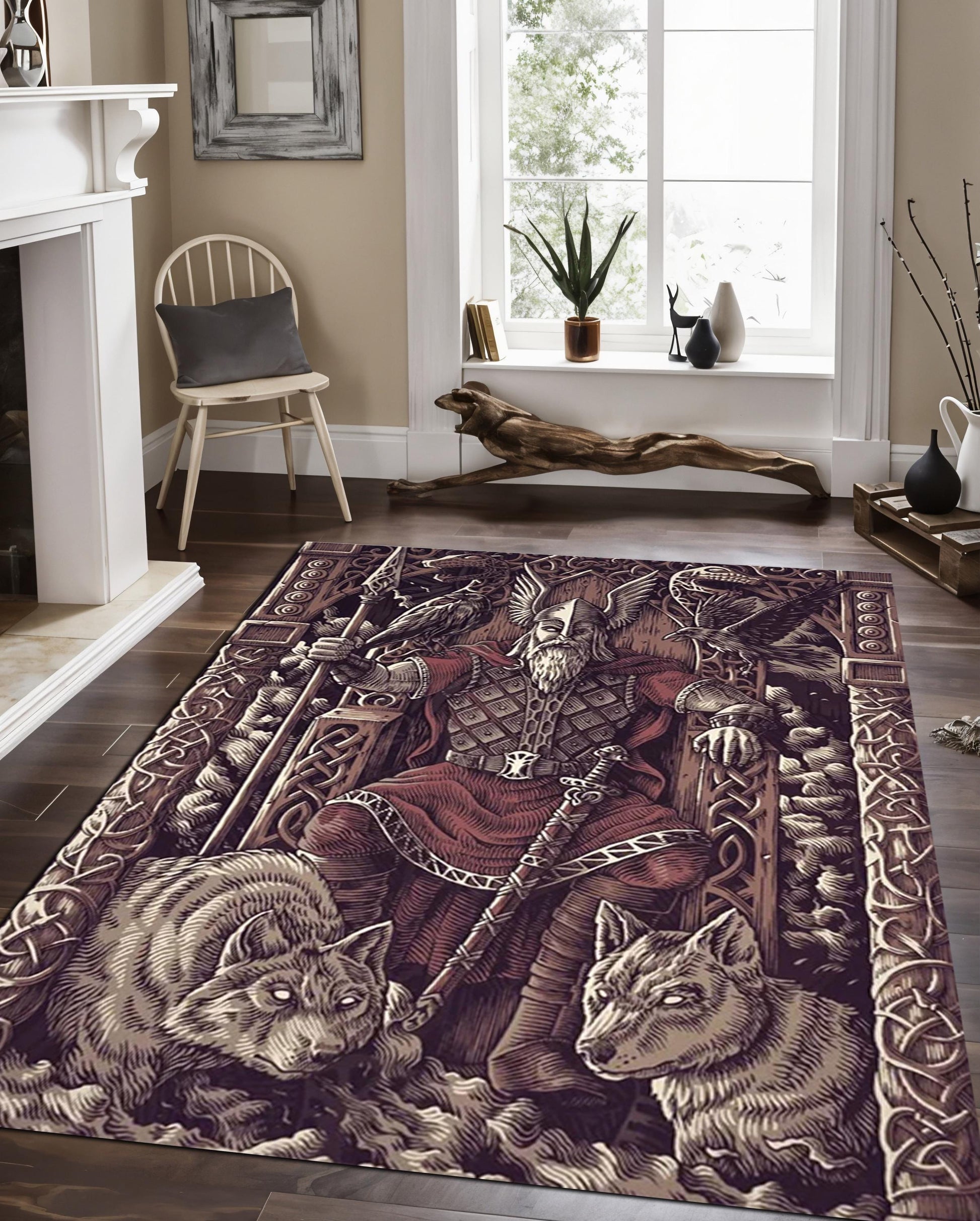 Viking Odin Rug - Viking Rug: Norse Mythology, Odin, Wolf Decor