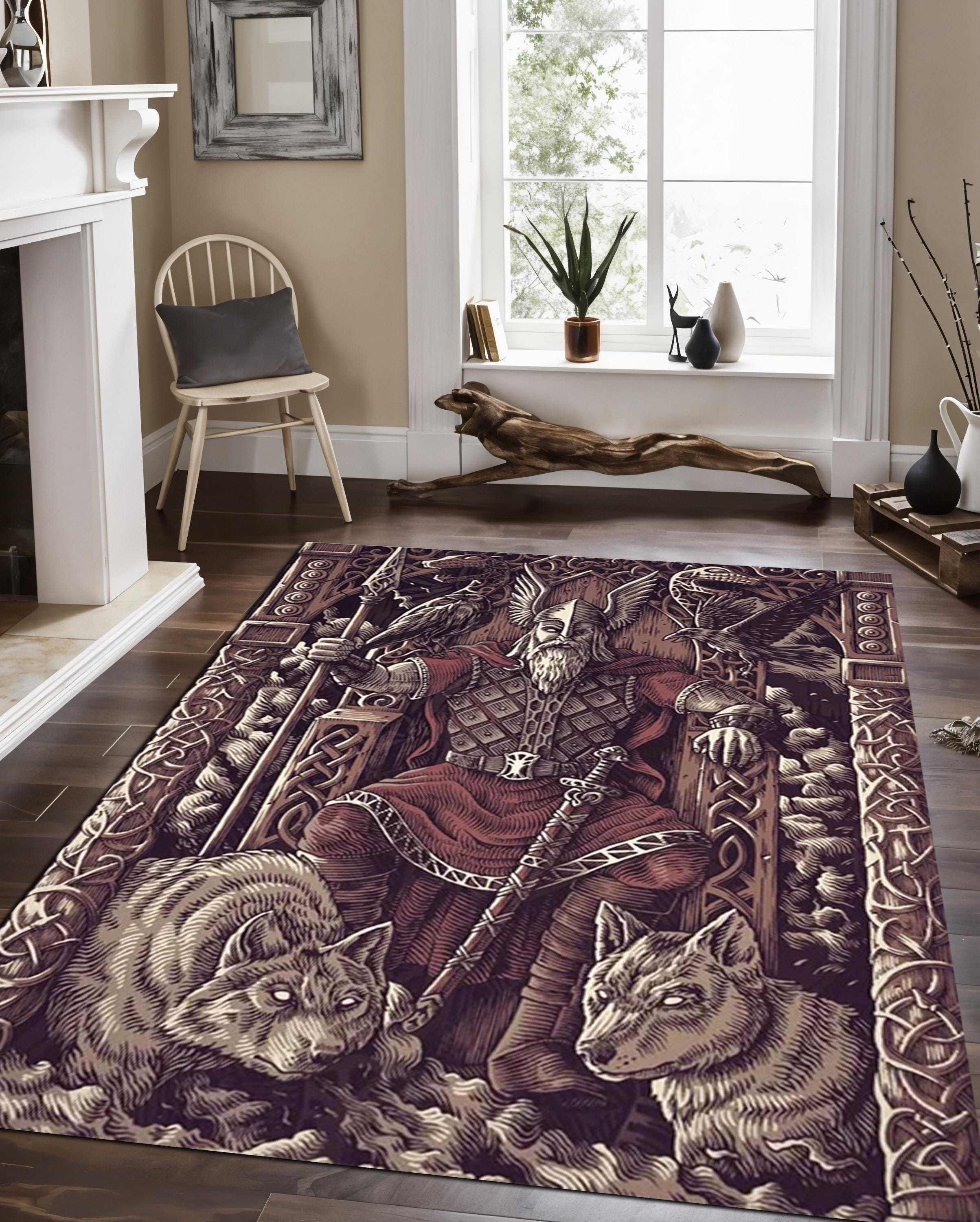 Viking Odin Rug - Viking Rug: Norse Mythology, Odin, Wolf Decor