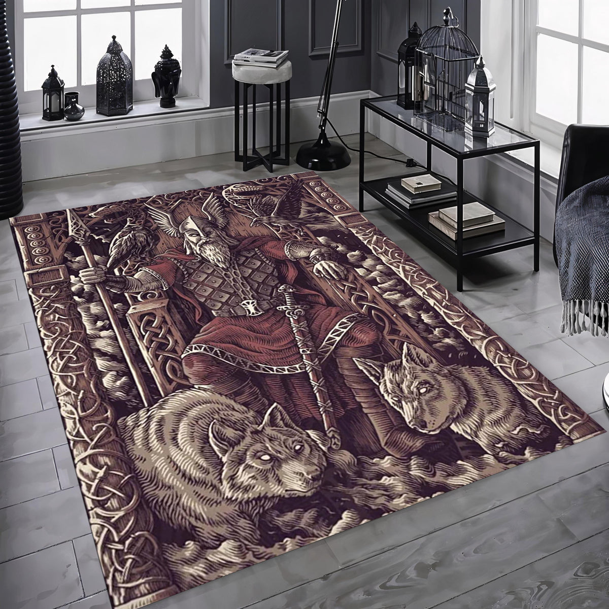 Viking Wolf Rug - Viking Wolf Head Rug, Norse Celtic Knot Mythology Art, Bronze Carved Nordic Decor