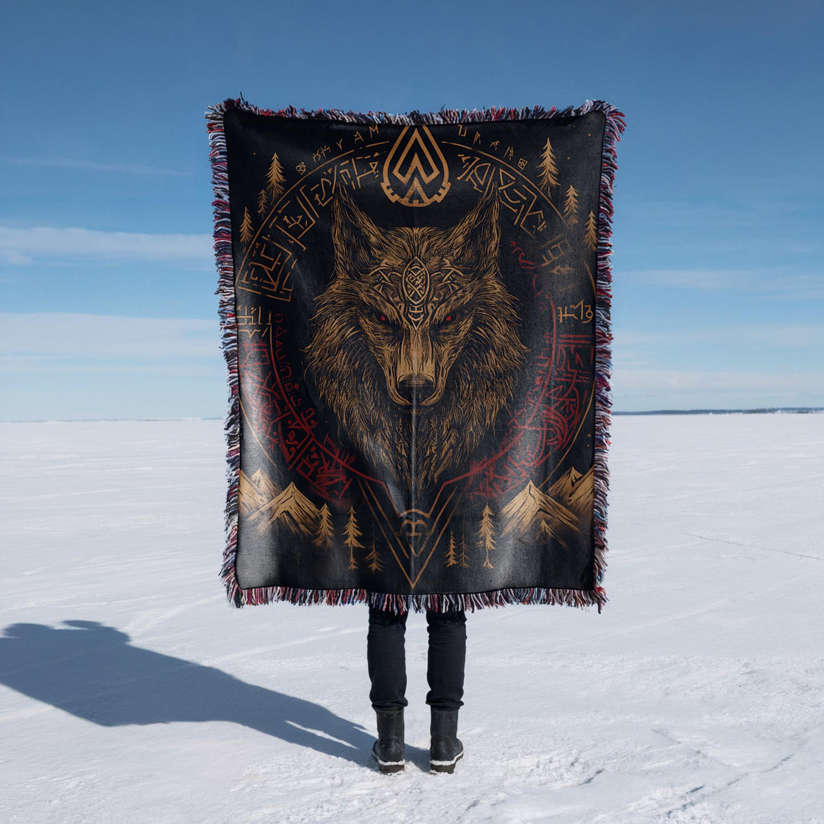 Viking Wolf Blanket - Fenrir Nordic Design Woven Blanket, Viking wall Art, Mountains, Pine Trees