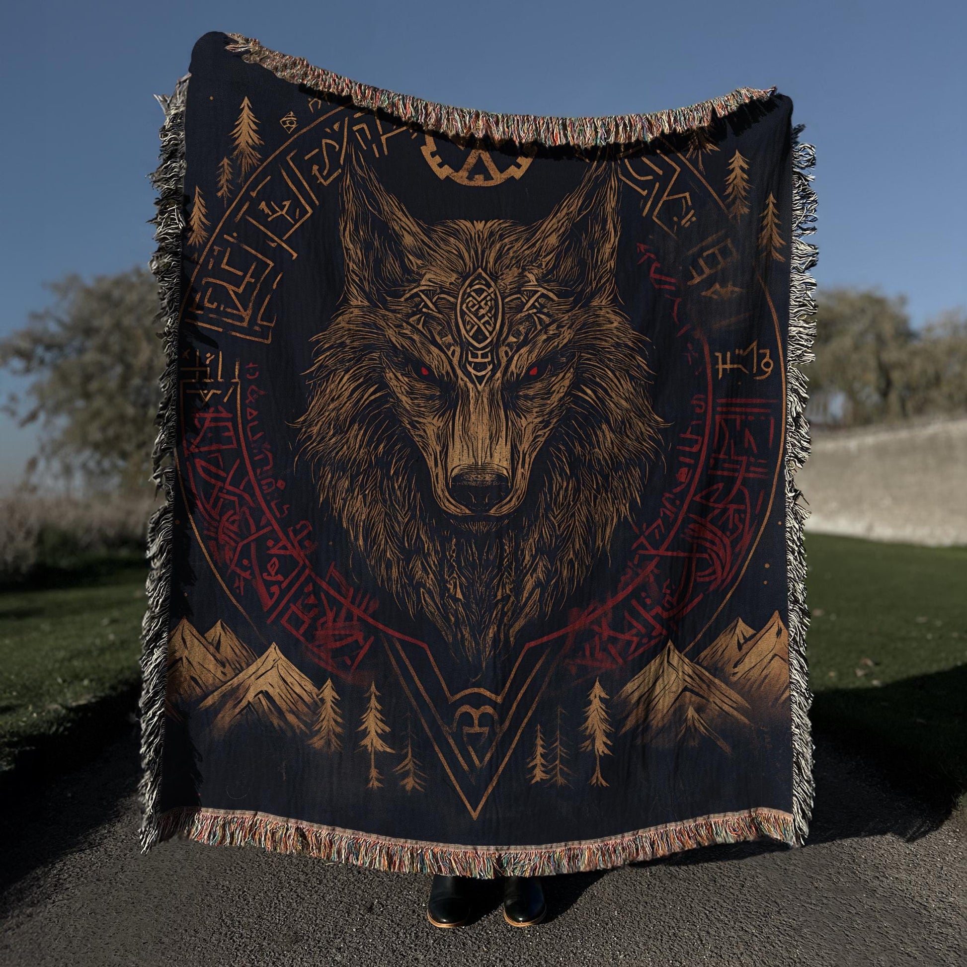 Viking Wolf Blanket - Fenrir Nordic Design Woven Blanket, Viking wall Art, Mountains, Pine Trees
