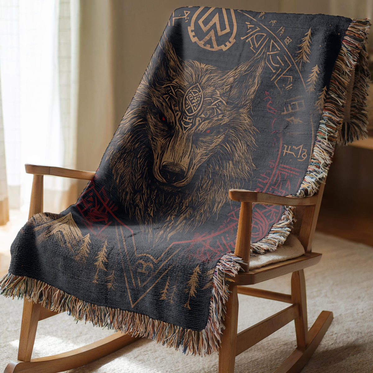 Viking Wolf Blanket - Fenrir Nordic Design Woven Blanket, Viking wall Art, Mountains, Pine Trees