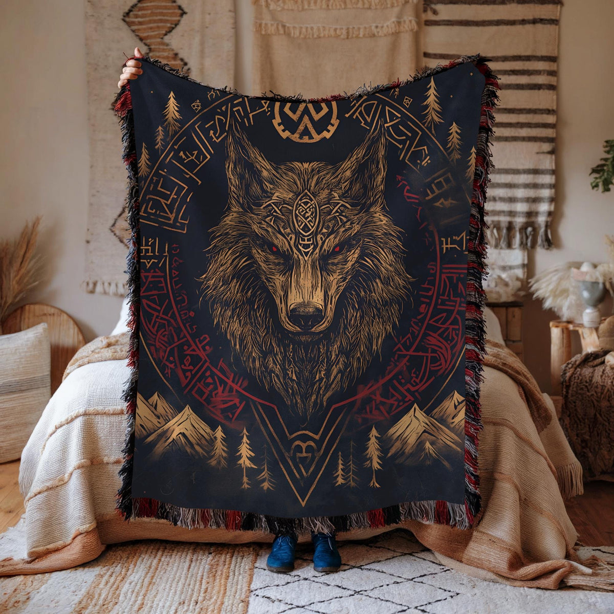 Viking Valknut Rug - Black Gold Norse Raven Viking Area Rug, Open Book Valknut Carpet, Celtic Knot