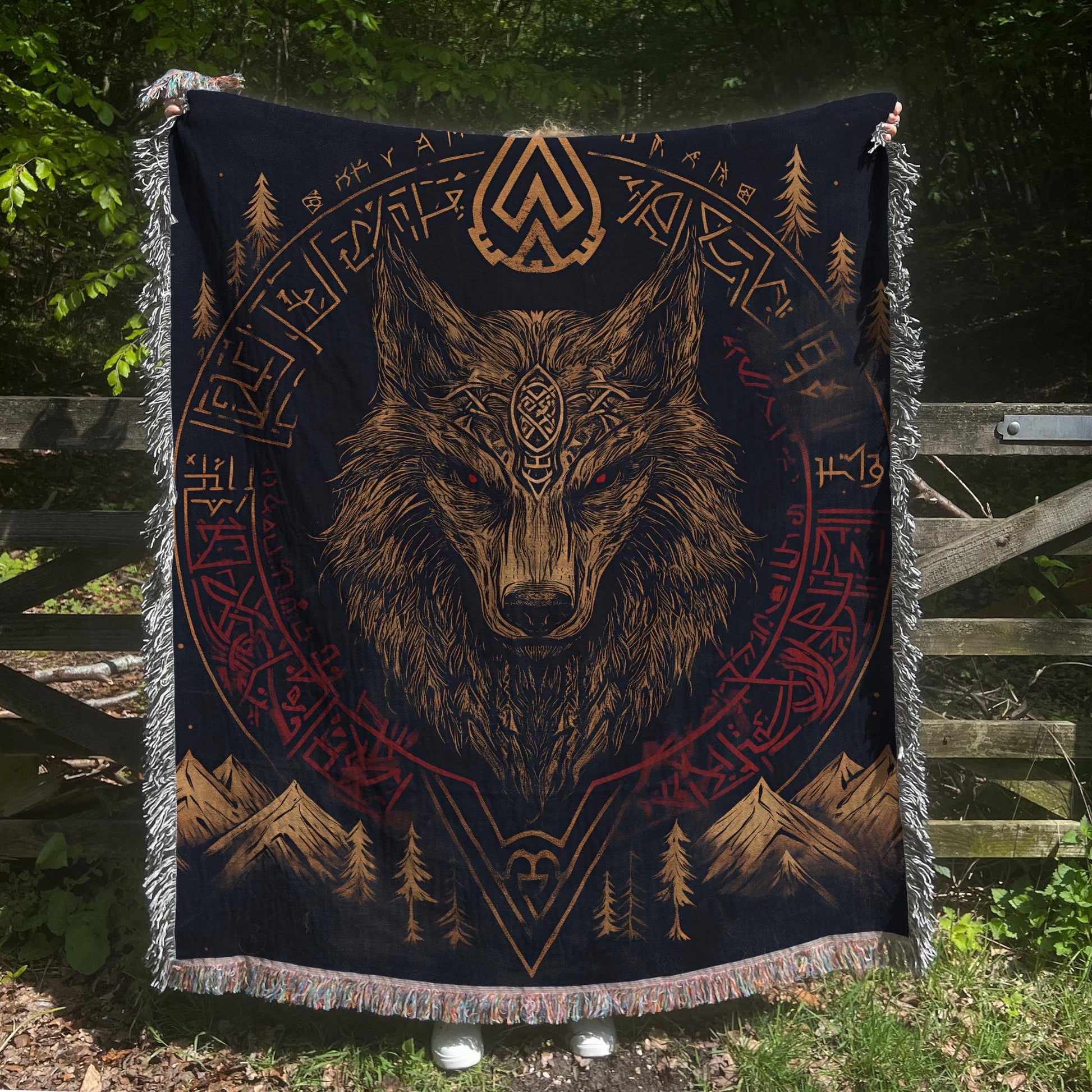 Viking Wolf Blanket - Fenrir Nordic Design Woven Blanket, Viking wall Art, Mountains, Pine Trees