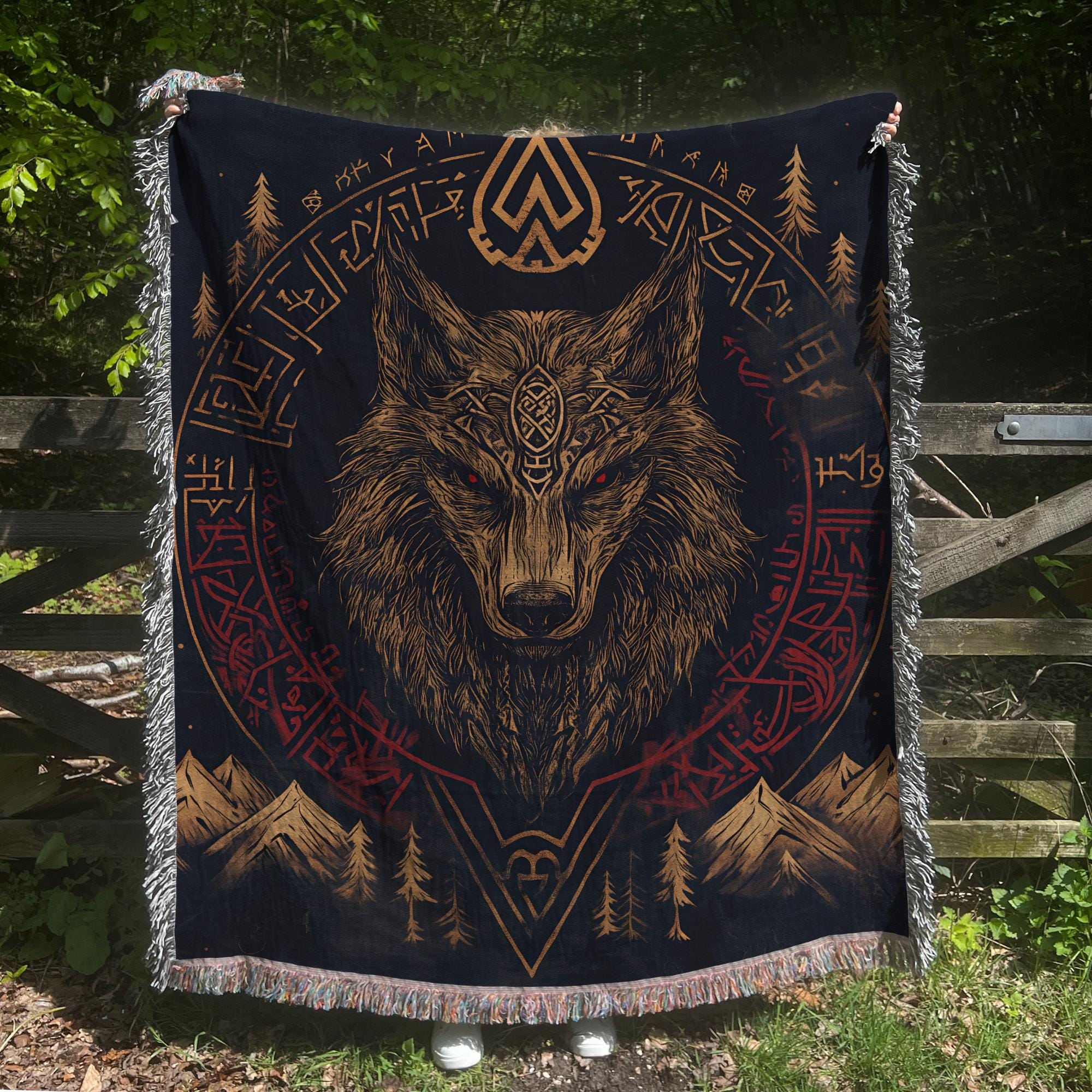 Viking Wolf Blanket - Fenrir Nordic Design Woven Blanket, Viking wall Art, Mountains, Pine Trees
