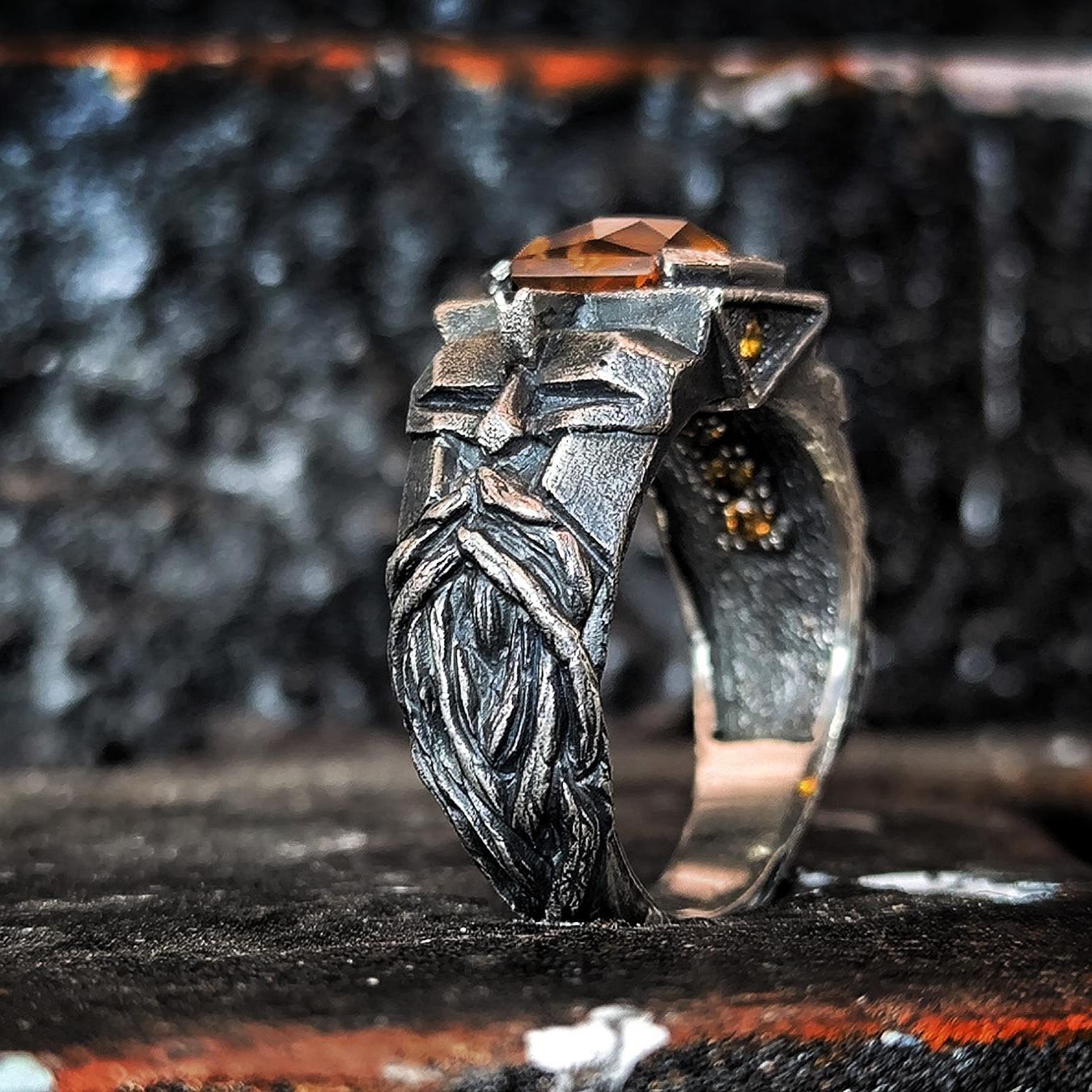 Viking Ring - 14k gold dwarven ring, brutalist signet ruby gemstone ring, fantasy viking nordic