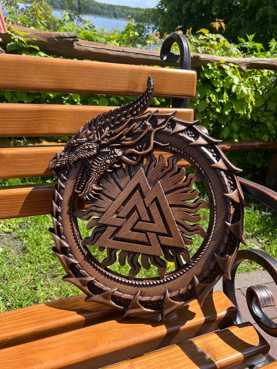 Viking Valknut Home Decor - Hand-Carved Wooden Ouroboros with Valknut, Viking Dragon Wall Decor