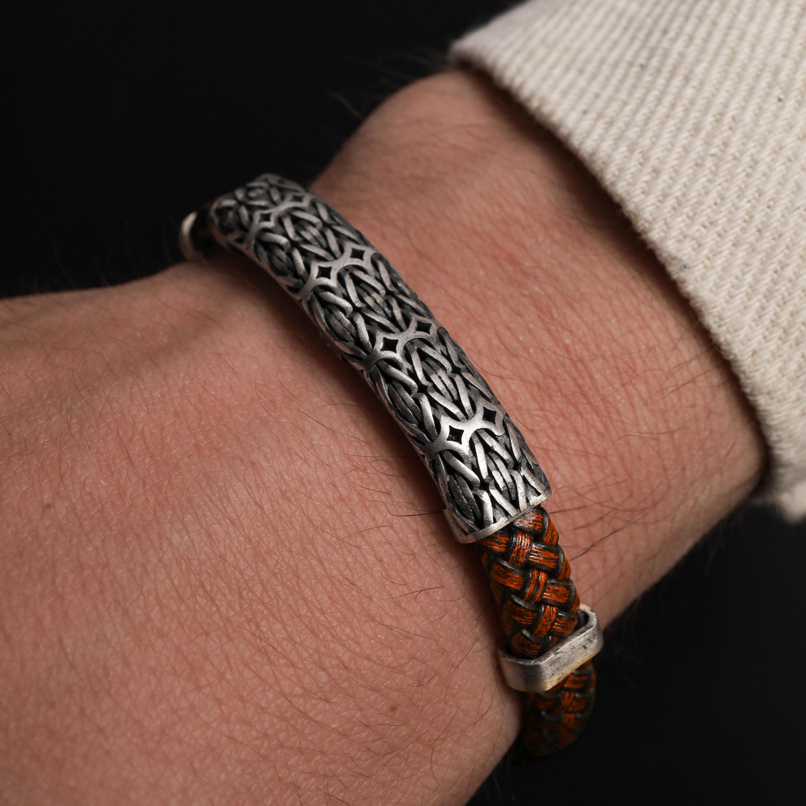 Viking Bracelet - Mens Leather Cuff Bracelet, Celtic Engraved Sterling Silver Braided Viking Norse