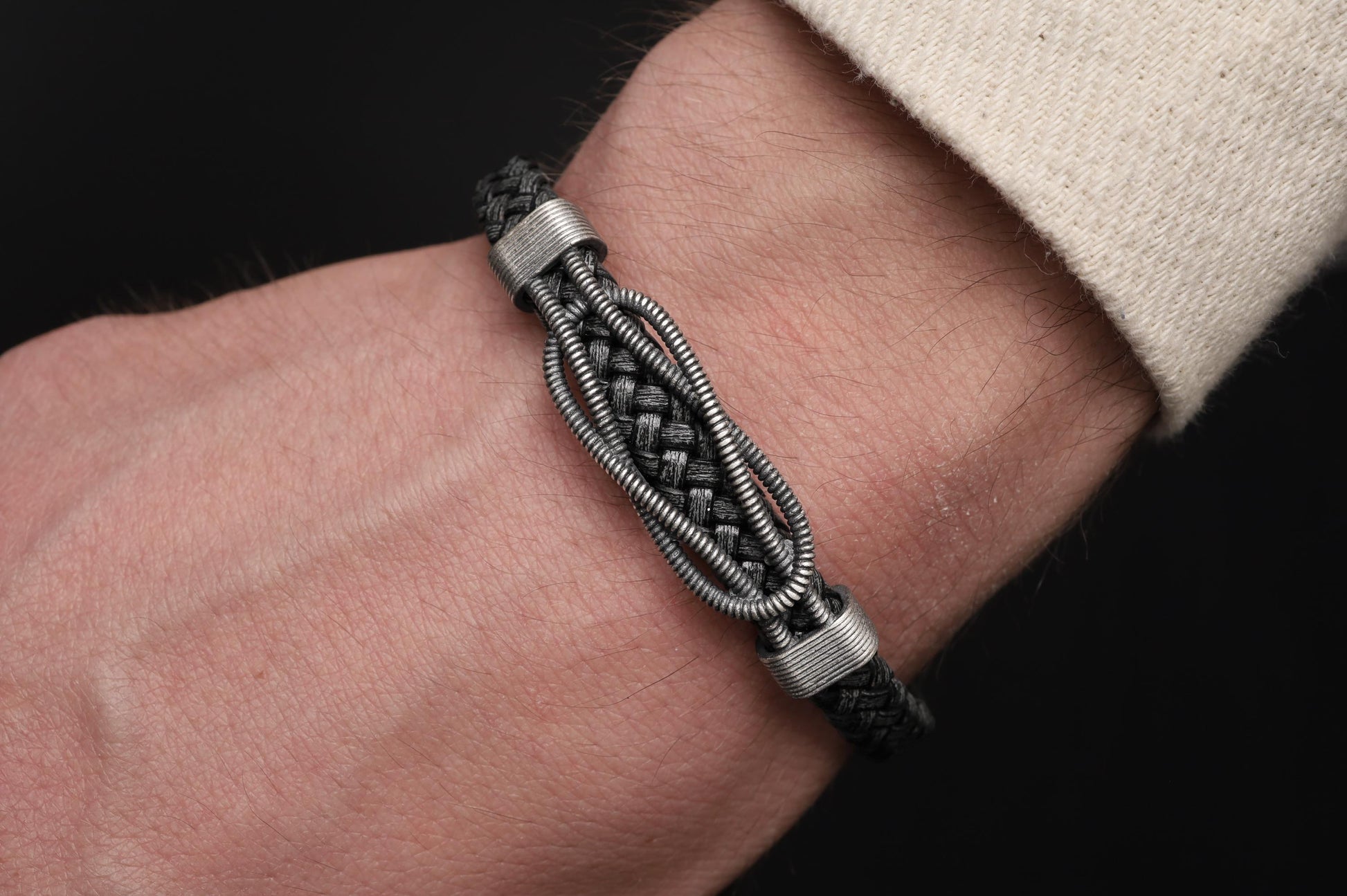 Viking Bracelet - Mens Leather Cuff Bracelet, Celtic Engraved Sterling Silver Braided Viking Norse