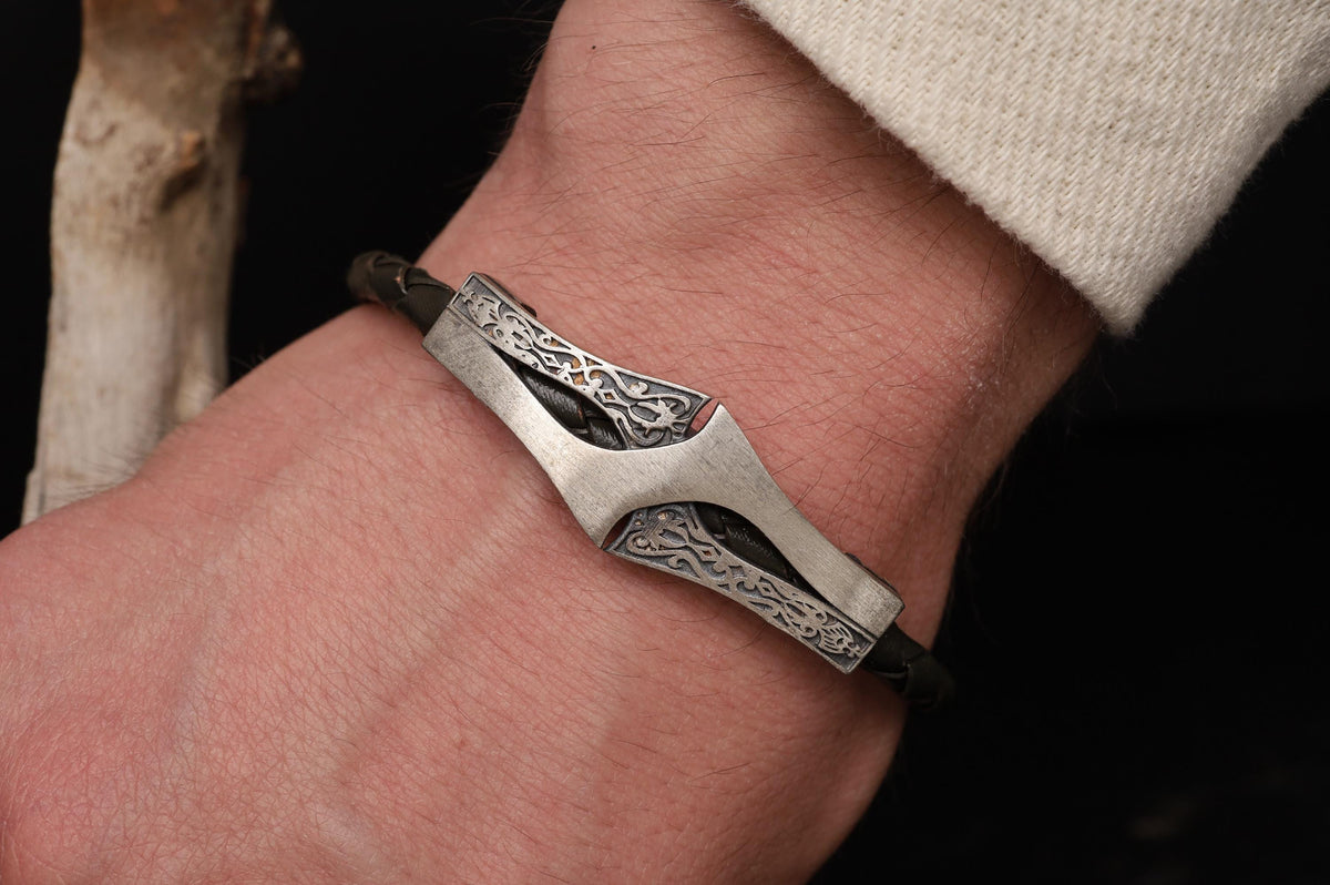 Viking Bracelet - Mens Leather Cuff Bracelet, Celtic Engraved Sterling Silver Braided Viking Norse