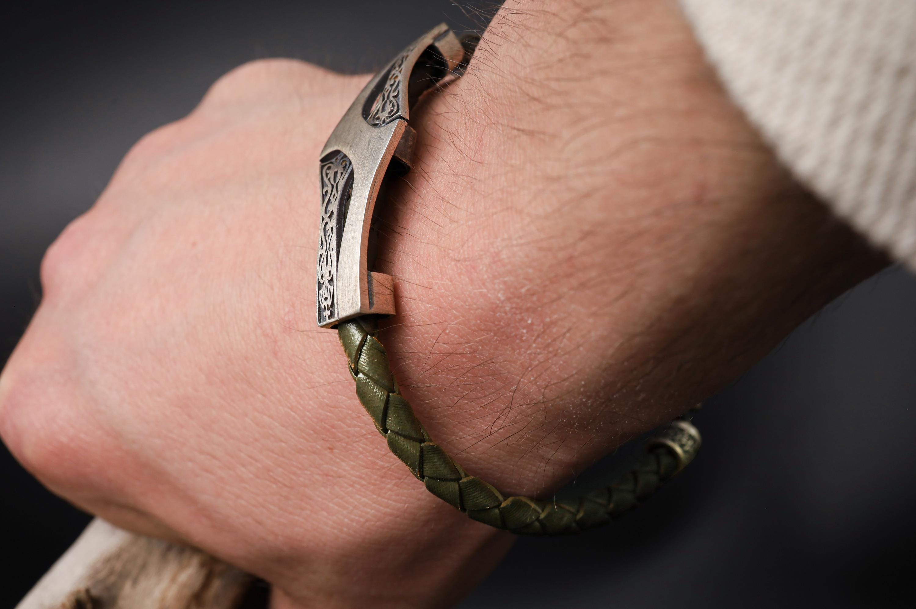 Viking Bracelet - Mens Leather Cuff Bracelet, Celtic Engraved Sterling Silver Braided Viking Norse