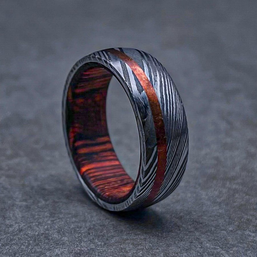 Viking Ring - Viking Damascus Ring, Rock Hammered Band, Mens Wedding Band, Norse Ring, Anniversary