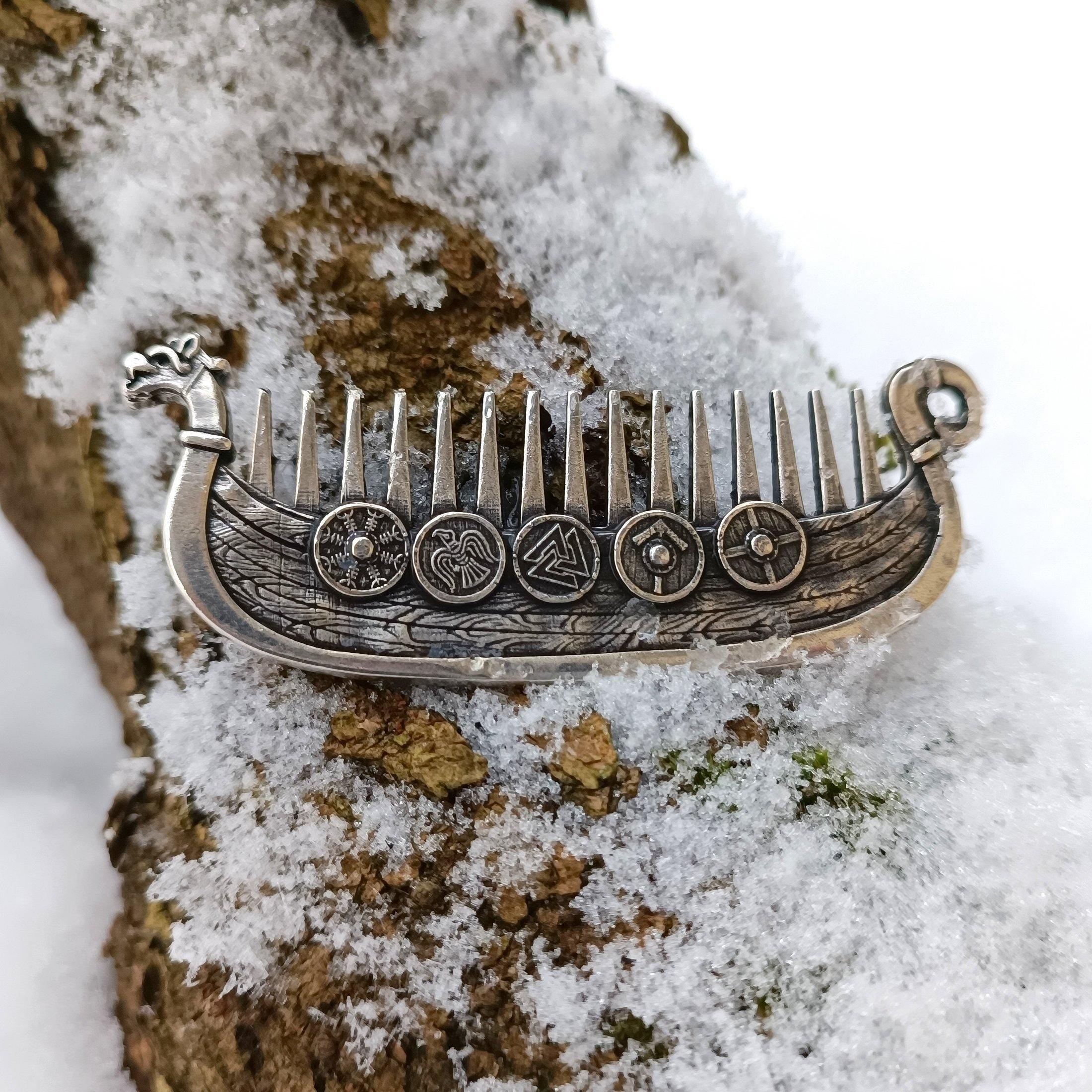 Viking Leather Accessory - Viking ship Beard comb EDC Nordic jewelry Viking Gifts for Him