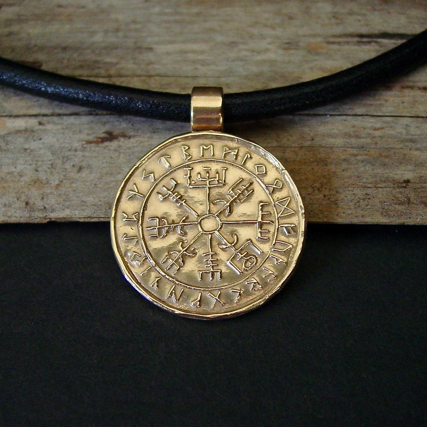 Viking Vegvisir Compass Necklace - Wayfinder Pendant: Hand-Carved Bronze Nordic Vegvisir Viking