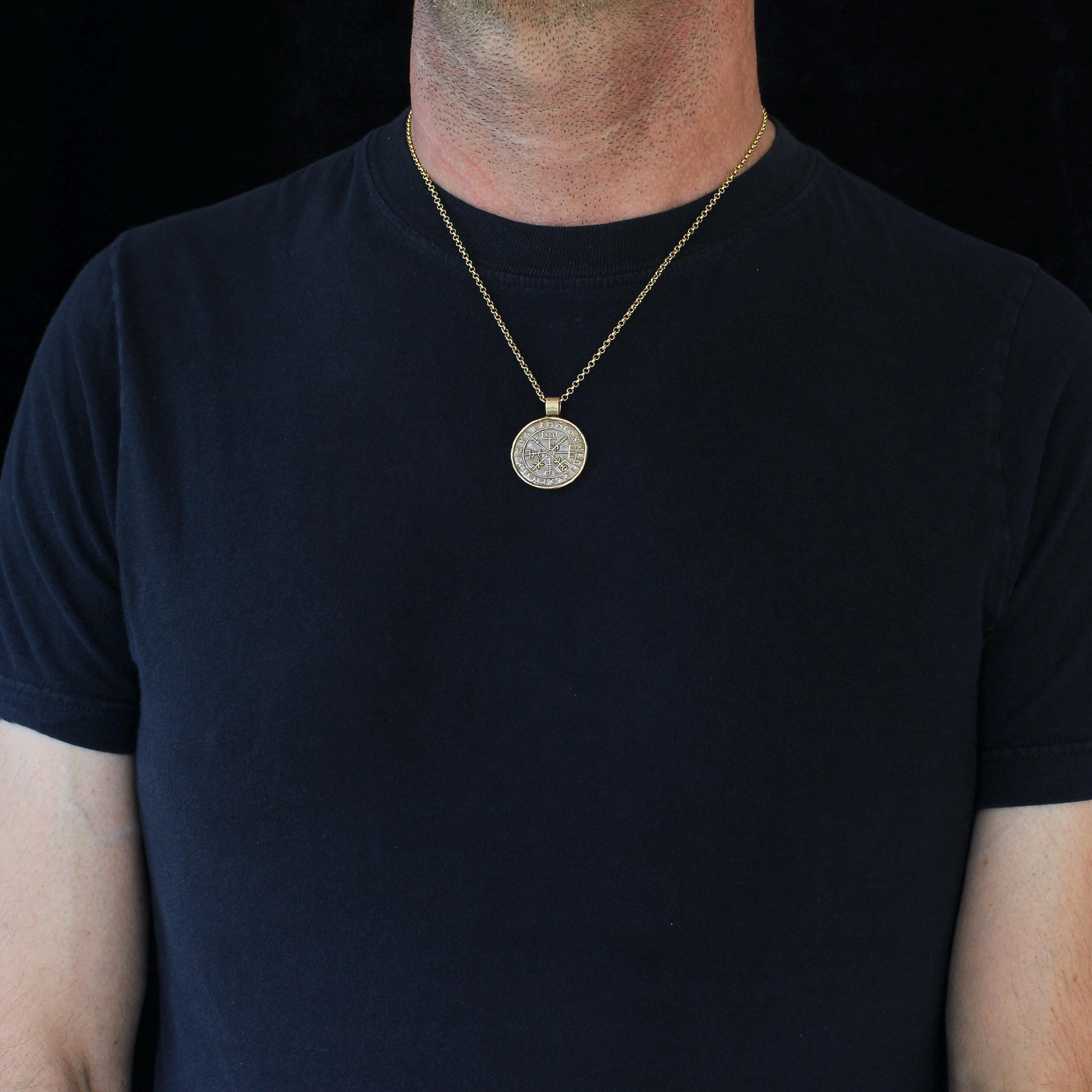 Viking Vegvisir Compass Necklace - Wayfinder Pendant: Hand-Carved Bronze Nordic Vegvisir Viking