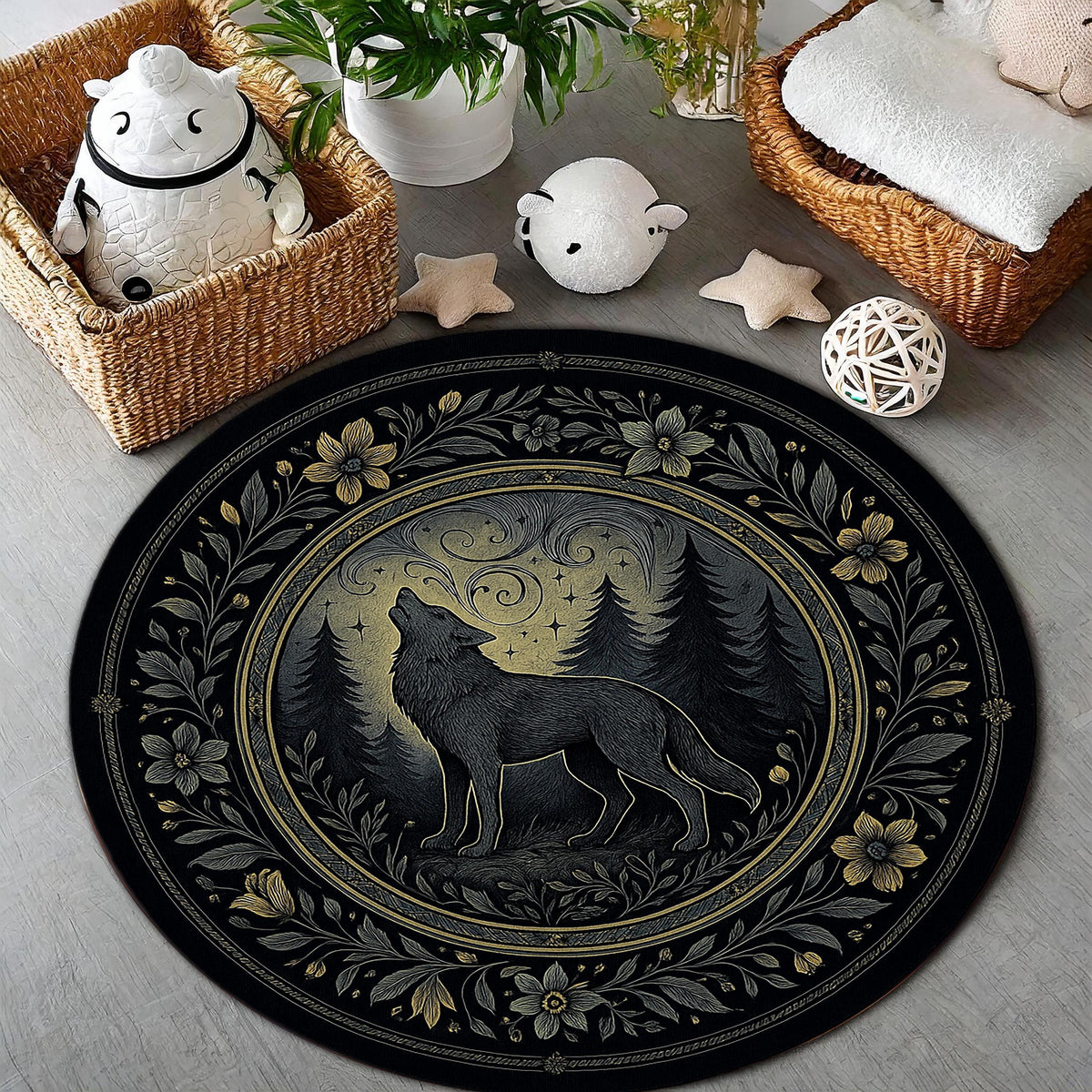 Viking Wolf Rug - Nordic Wolf Round Rug, Viking Wolf Area Rug, Celtic Knot Forest Decor, Mountain