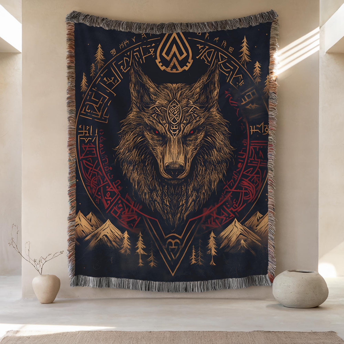Viking Wolf Blanket - Fenrir Nordic Design Woven Blanket, Viking wall Art, Mountains, Pine Trees