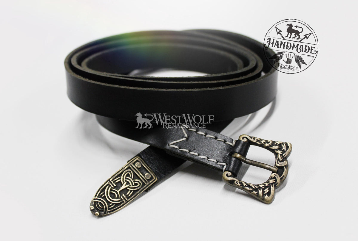 Viking Leather Accessory - Embossed Viking belt from brown or black 3, 2mm leather, with bronze