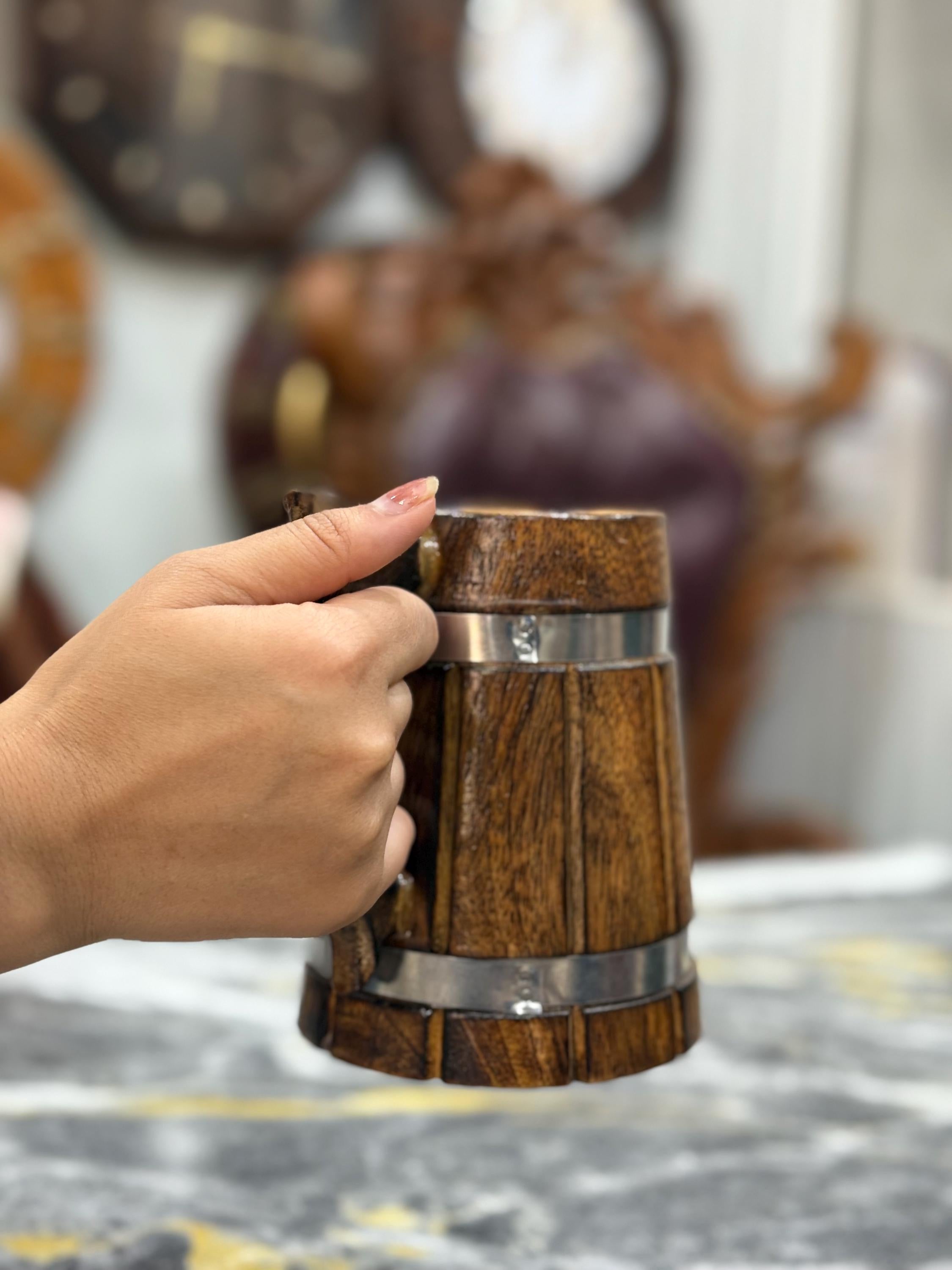 Viking Mug - Handcrafted Wooden Beer Mug: Rustic Viking Tankard with Stainless Steel Lining