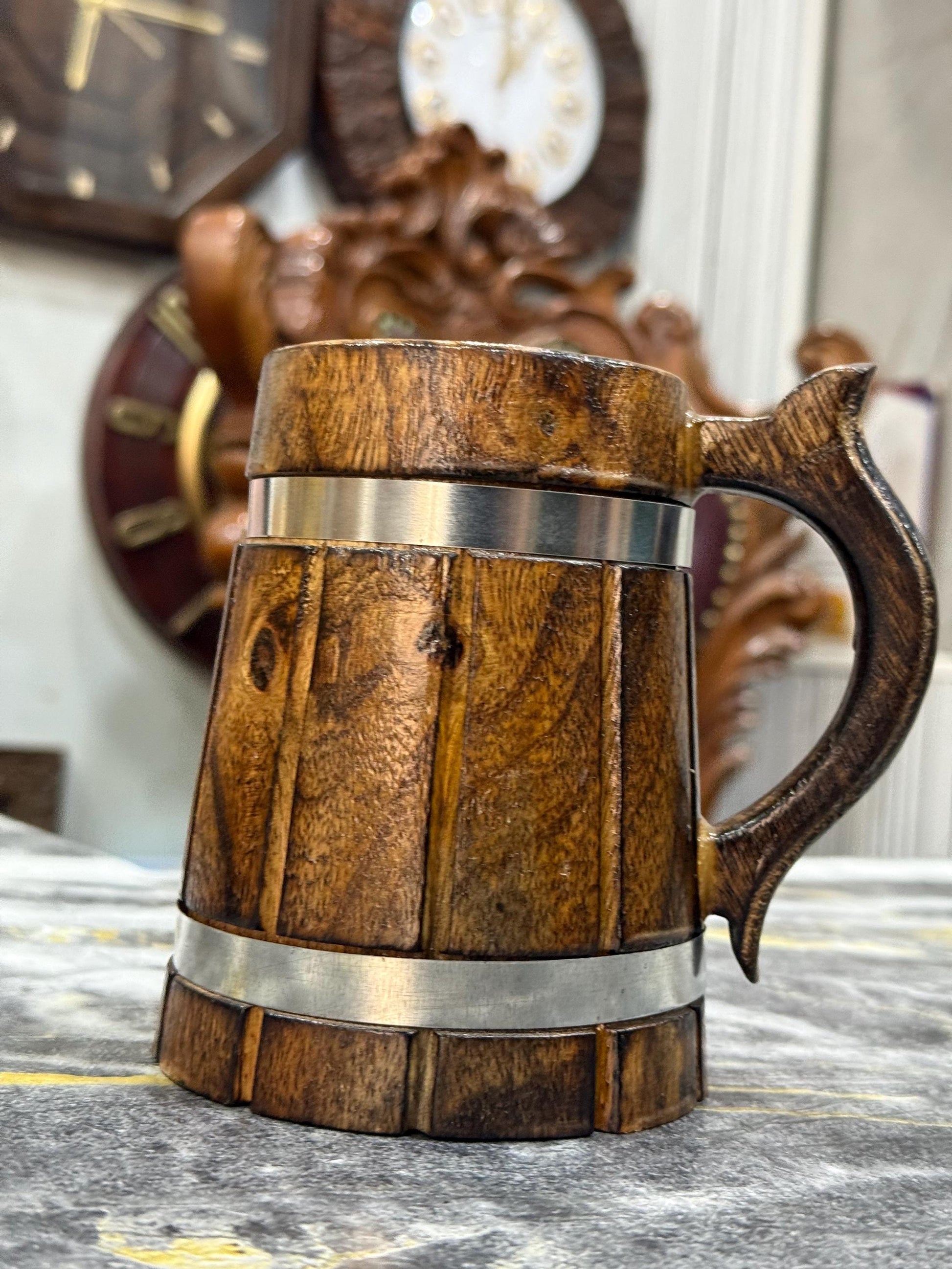 Viking Mug - Handcrafted Wooden Beer Mug: Rustic Viking Tankard with Stainless Steel Lining