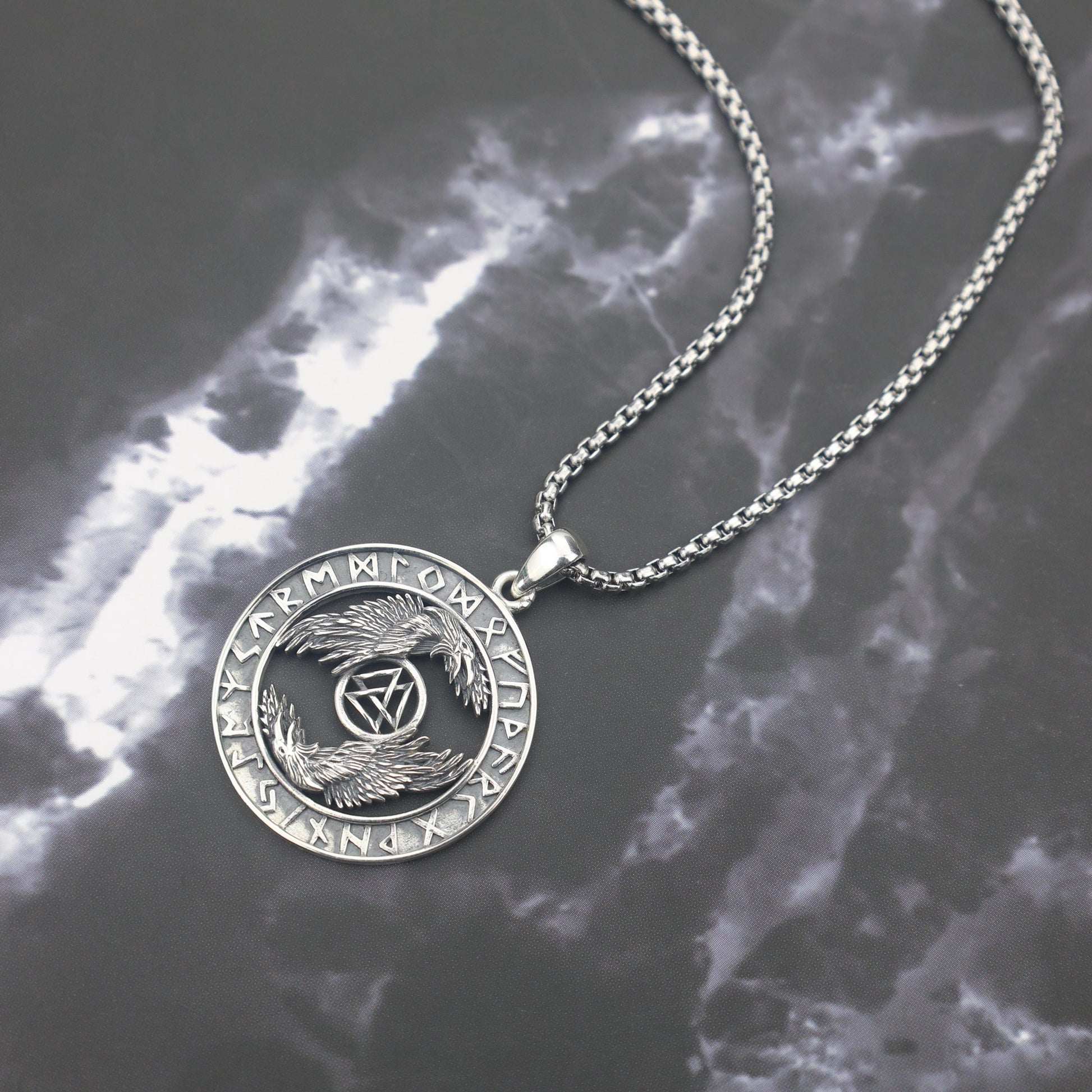 Viking Valknut Necklace - Sterling Silver Viking Valknut Raven Pendant: Norse Amulet Necklace
