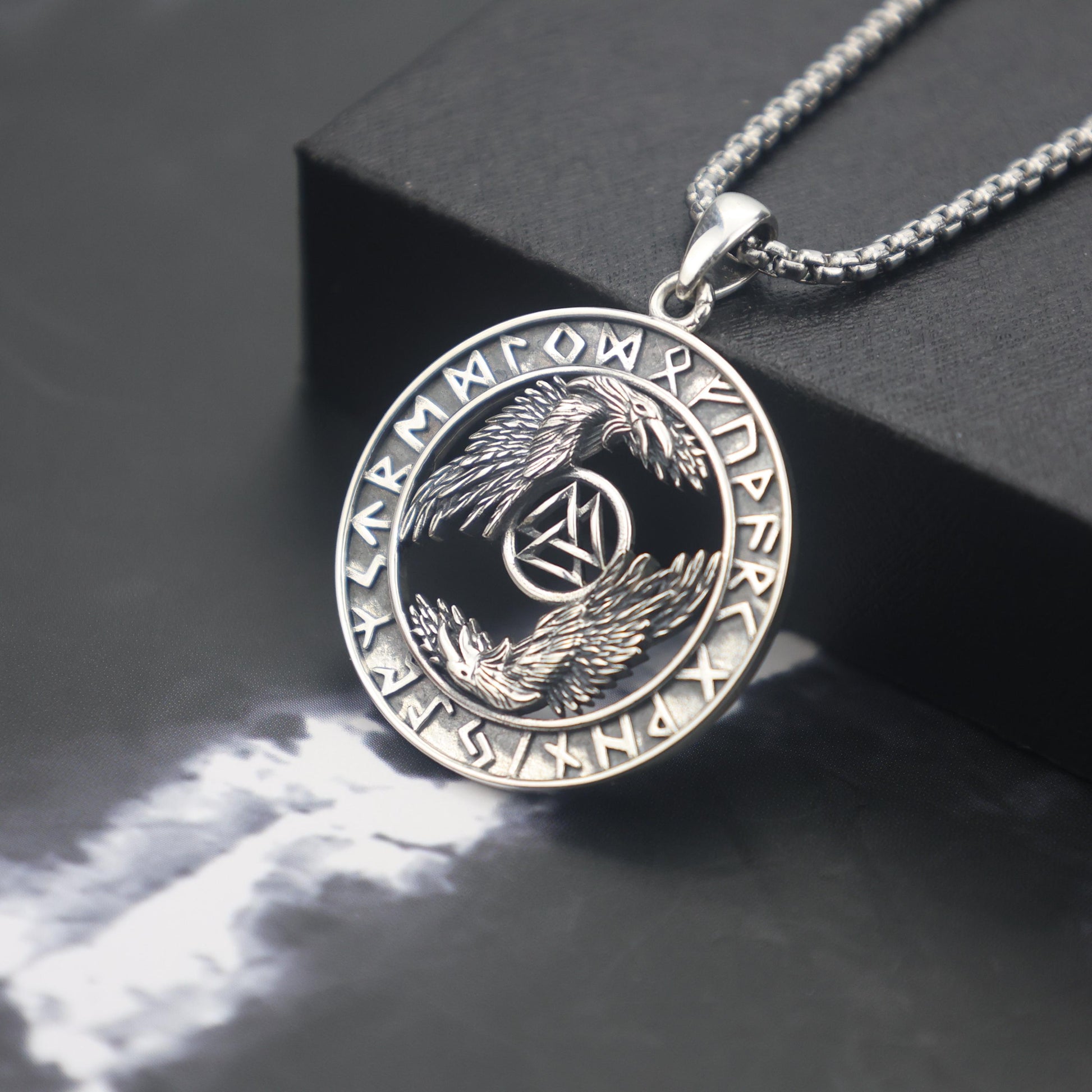 Viking Valknut Necklace - Sterling Silver Viking Valknut Raven Pendant: Norse Amulet Necklace