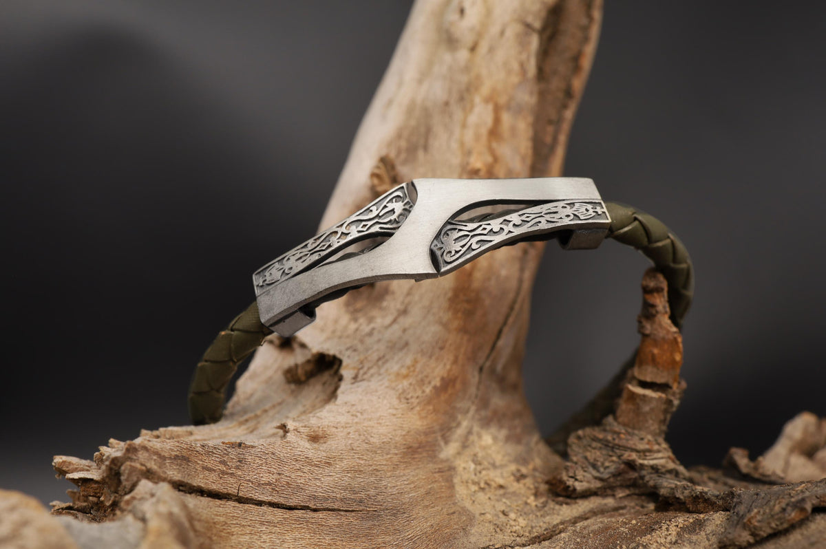 Viking Bracelet - Mens Leather Cuff Bracelet, Celtic Engraved Sterling Silver Braided Viking Norse