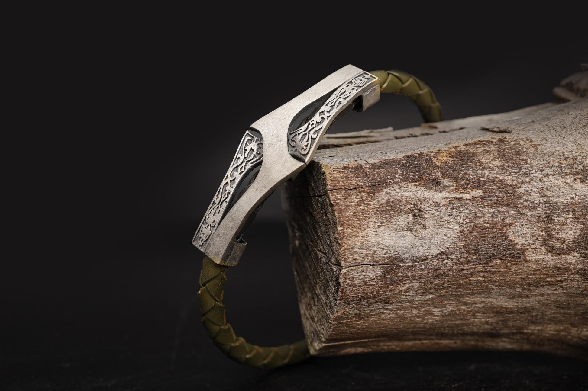 Viking Bracelet - Mens Leather Cuff Bracelet, Celtic Engraved Sterling Silver Braided Viking Norse