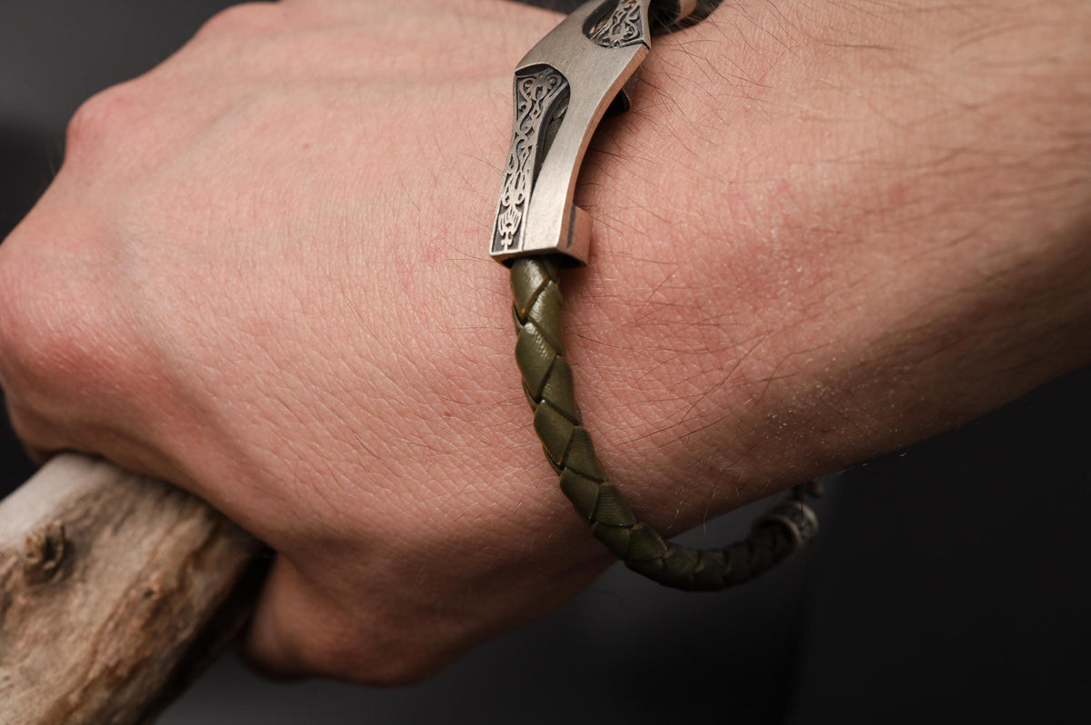 Viking Bracelet - Mens Leather Cuff Bracelet, Celtic Engraved Sterling Silver Braided Viking Norse