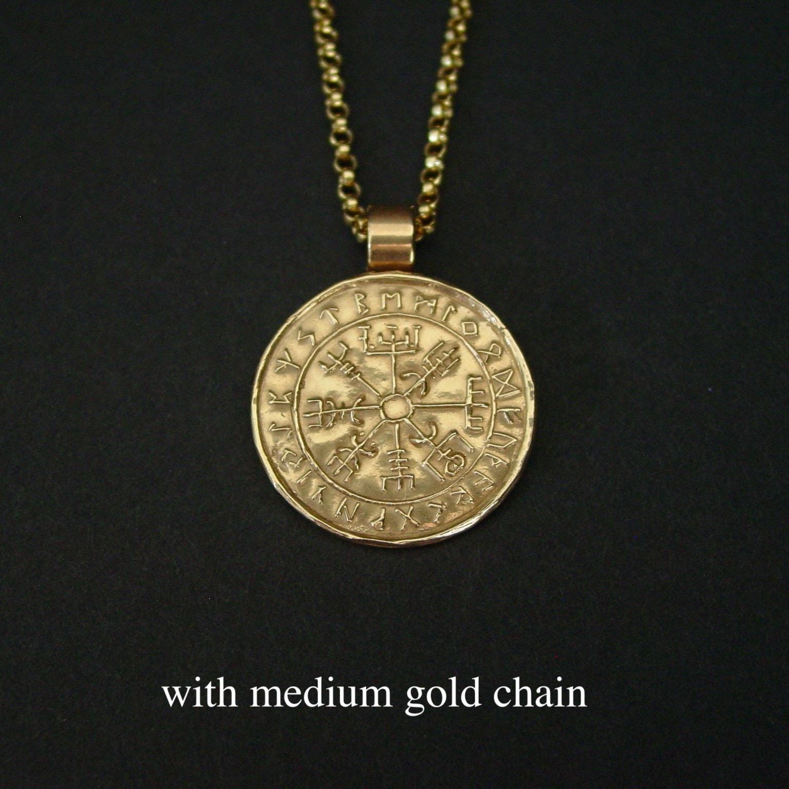 Viking Vegvisir Compass Necklace - Wayfinder Pendant: Hand-Carved Bronze Nordic Vegvisir Viking