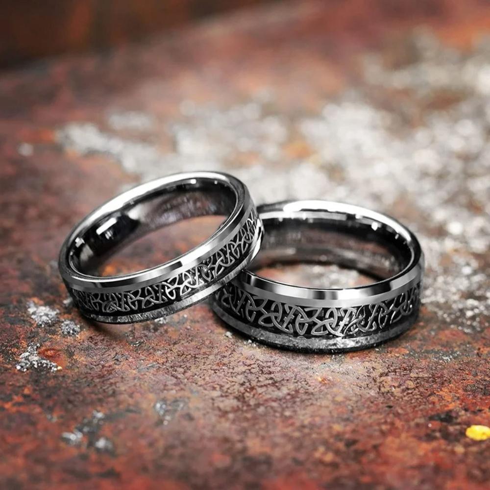 Viking Ring - Celtic Knot Titanium Ring, Wood Grain Wedding Band, Men's Rustic Engagement Ring