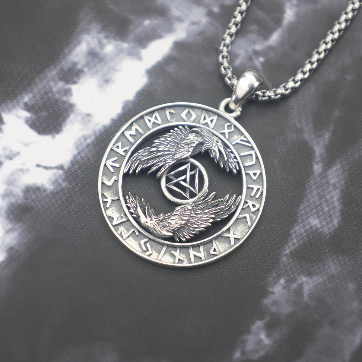 Viking Valknut Necklace - Sterling Silver Viking Valknut Raven Pendant: Norse Amulet Necklace