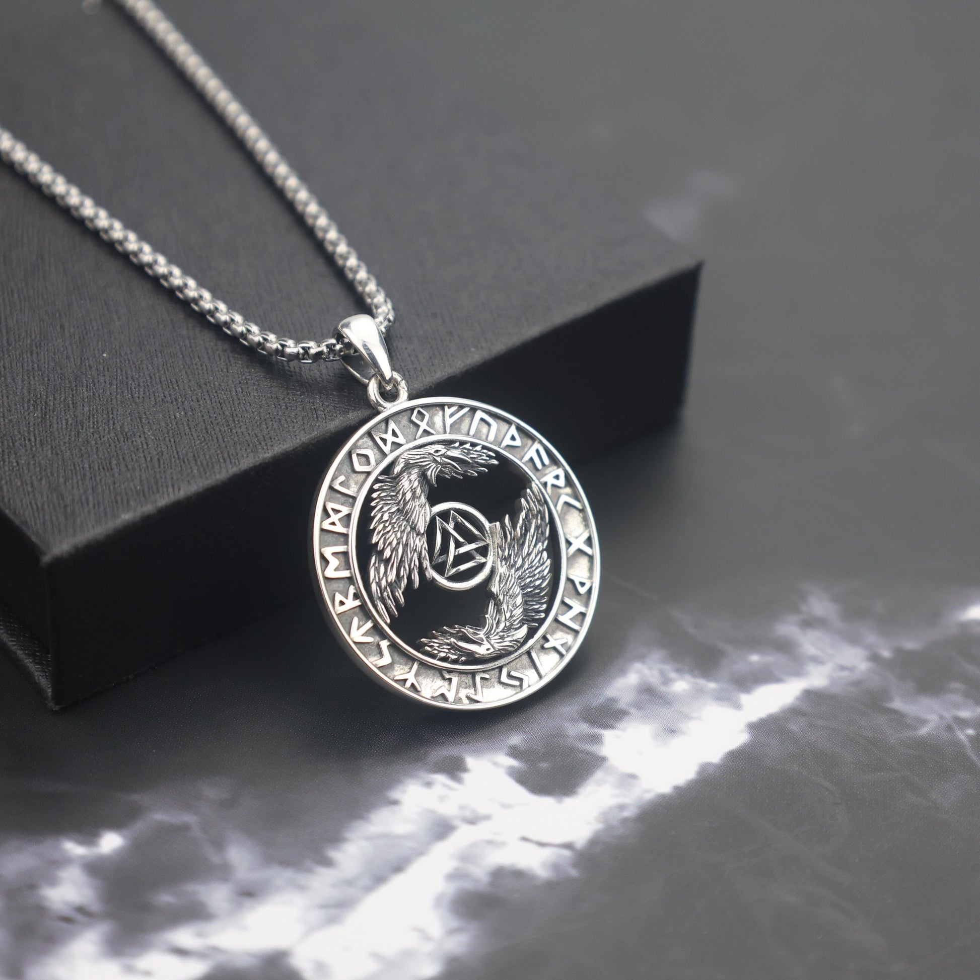 Viking Valknut Necklace - Sterling Silver Viking Valknut Raven Pendant: Norse Amulet Necklace
