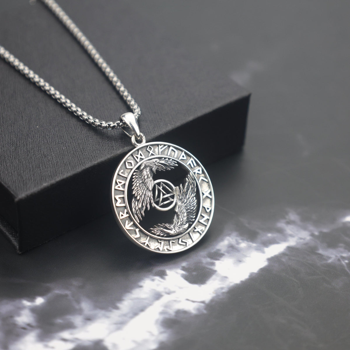 Viking Valknut Necklace - Sterling Silver Viking Valknut Raven Pendant: Norse Amulet Necklace