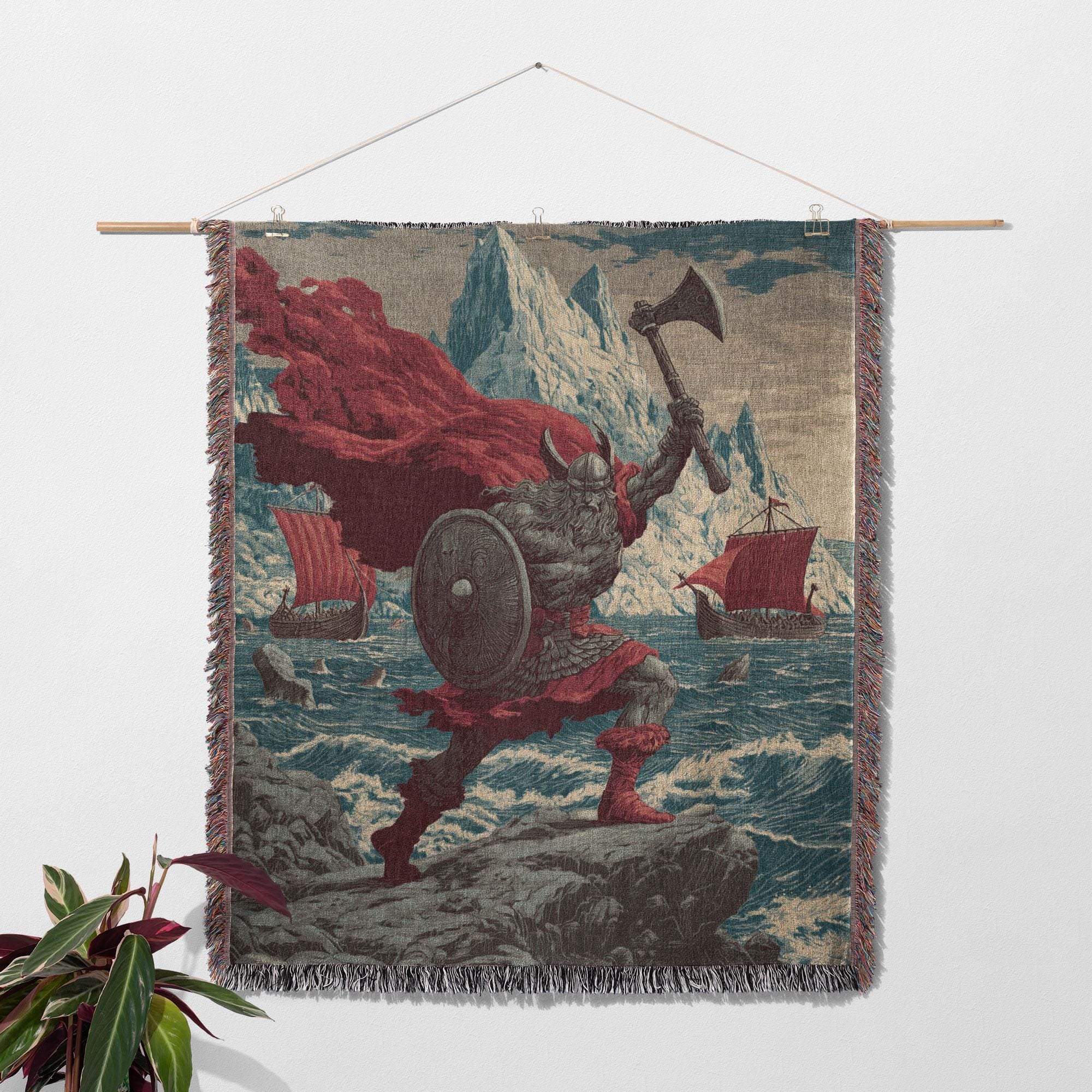 Viking Blanket - Viking Warrior Woven Blanket 100% Cotton, Norse Mythology Tapestry Throw