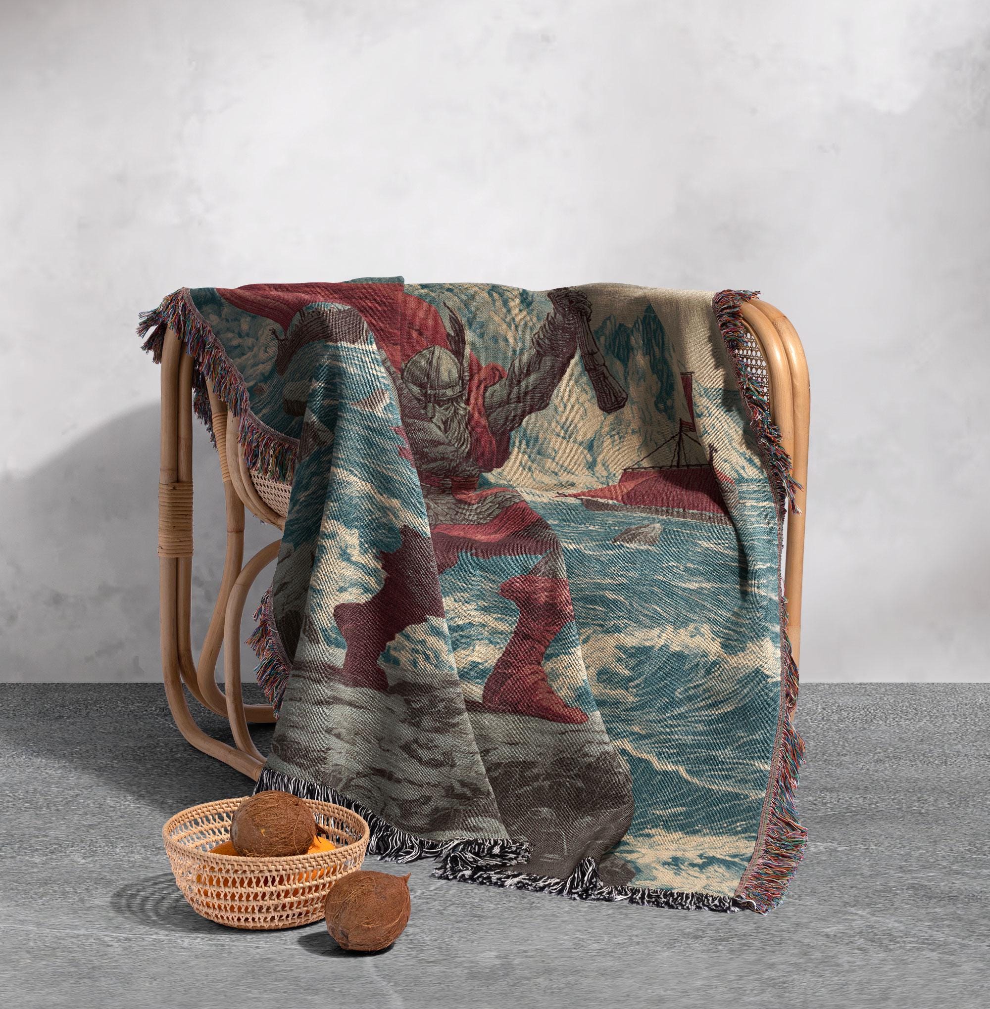 Viking Blanket - Viking Warrior Woven Blanket 100% Cotton, Norse Mythology Tapestry Throw