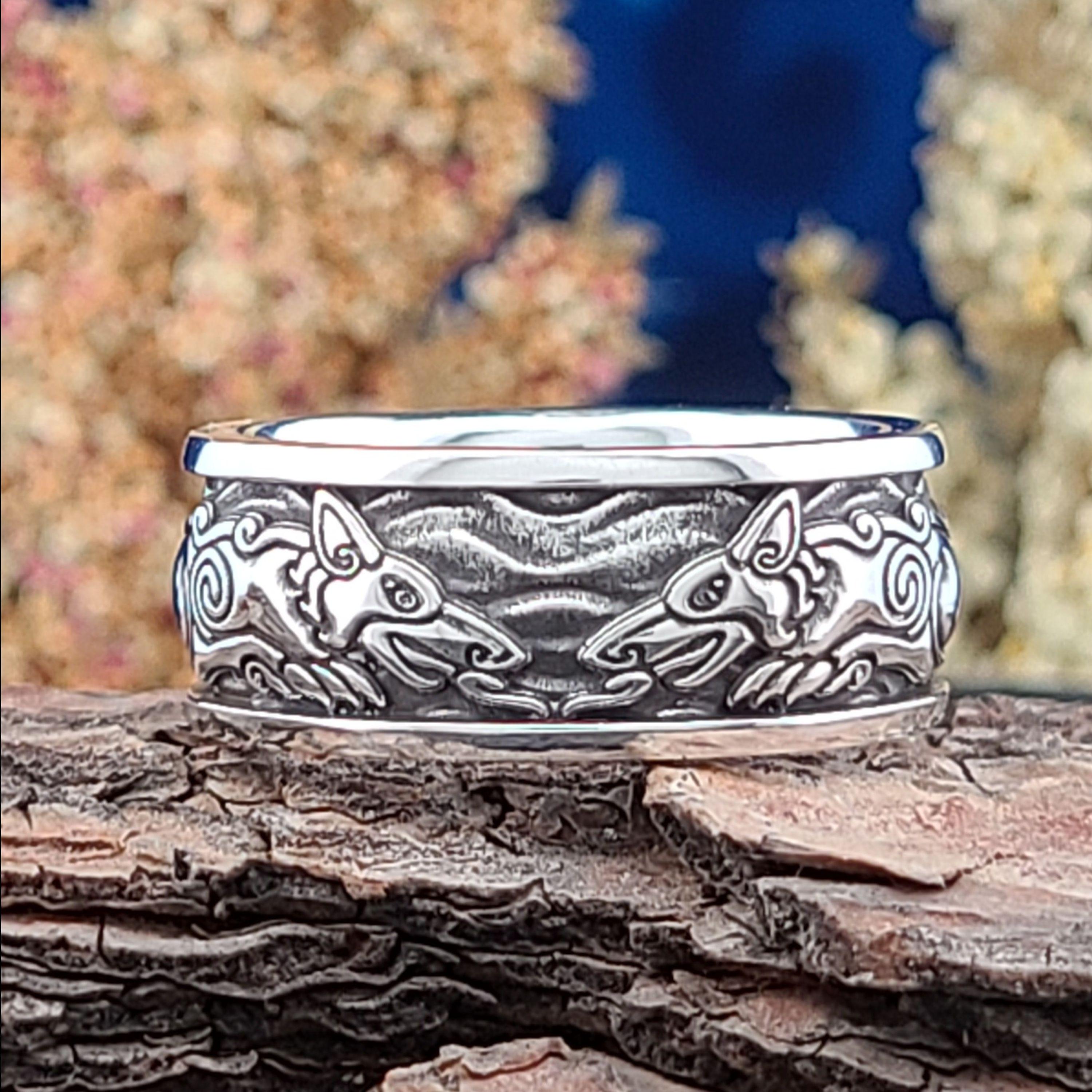 Viking Odin Ring - Sterling Viking Wolf with Runes Ring, Mens Wide Norse Wedding Ring, Braided Odin