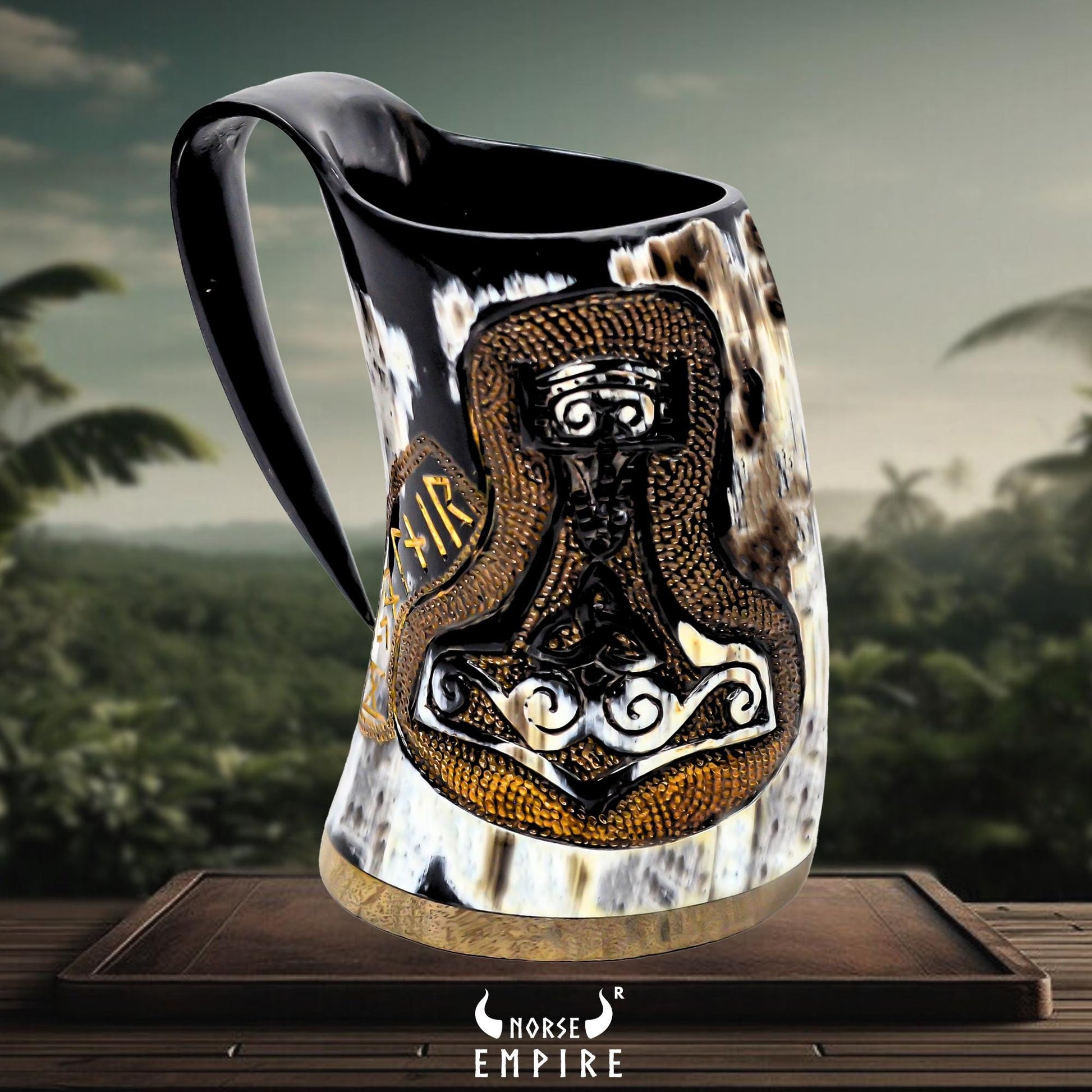 Viking Thor's Hammer Mug - Viking horn-Norse symbol engraved Horn Mugs - Vegvisir, Thor's Hammer