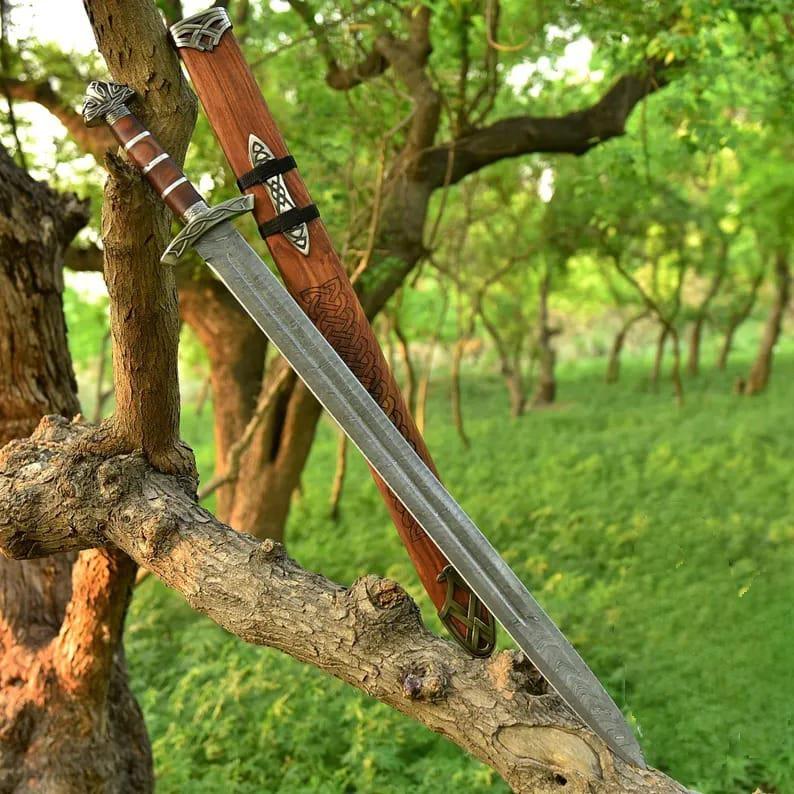 Viking Costume & LARP - 36” Damascus Northmen Sword with Scabbard, Handmade Collectible Medieval